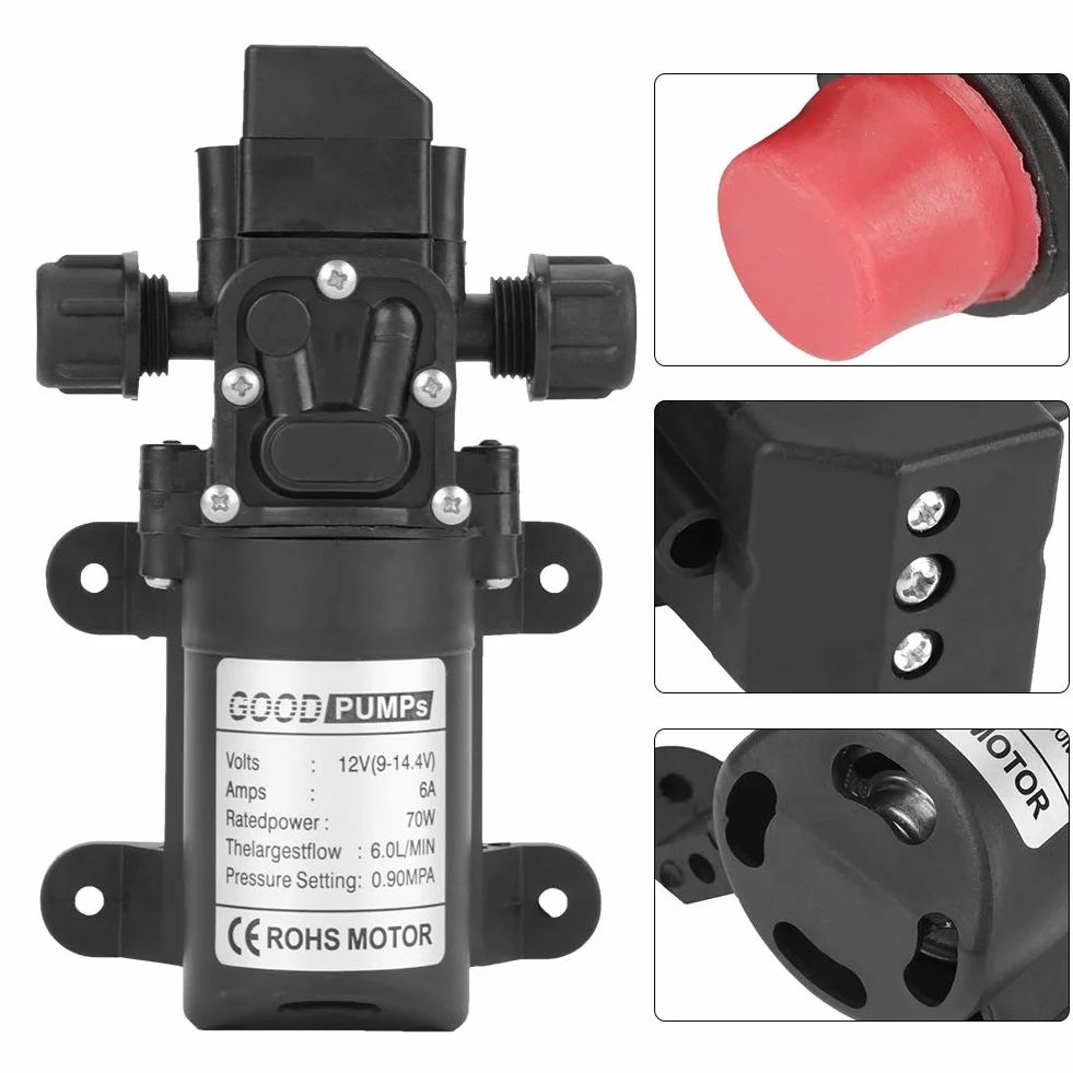 Bomba de Agua Autocebante DC 12V 0.9Mpa 6L/Min 70W Diafragma Alta Presión