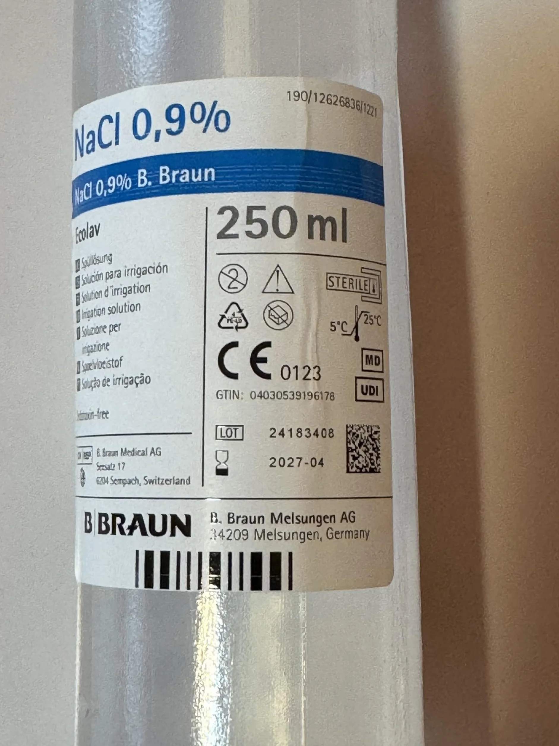 Solución salina estéril 0,9% para lavado de ojos 250 ml emergencia ducha ocular