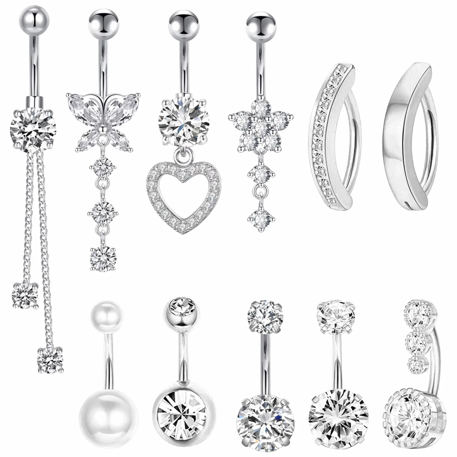 TYXHXTF 11 Pcs Piercings Ombligo para Mujeres, Piercings para Ombligo, Anillos para el Ombligo, Piercing Ombligo Embarazada Colgantes para Piercing de Ombligo Corazón Mariposa Anillos para Ombligo