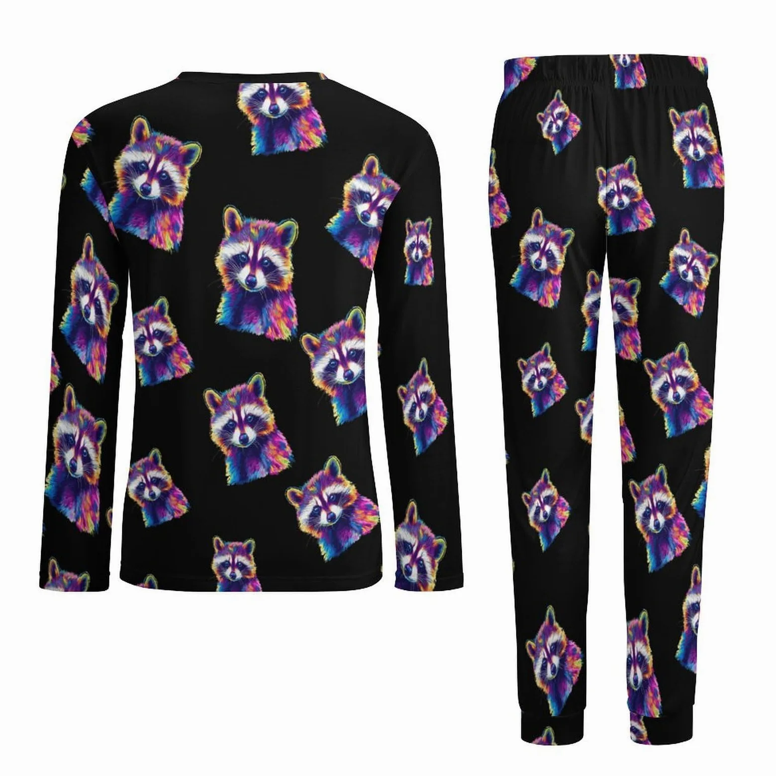 Colorido mapache - Conjunto de pijama para hombre, cuello redondo, ropa de descanso larga, 2 piezas