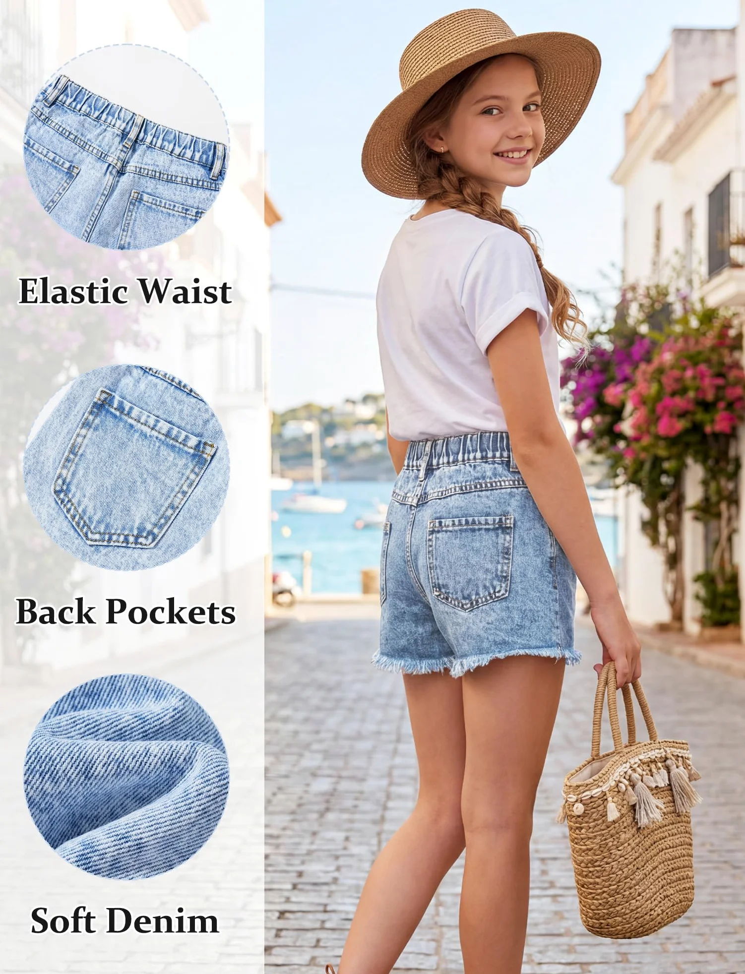 SEAUR Pantalones vaqueros rasgados para niñas, cintura alta, pantalones cortos 1/2 elásticos, informales, de verano, para niños de 5 a 14 años