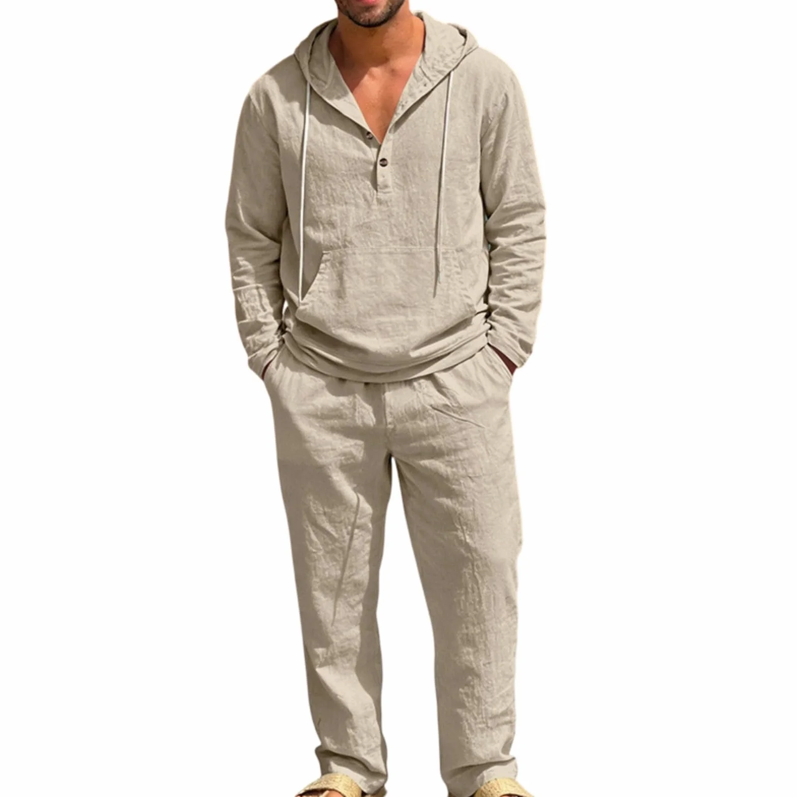 Generisch Ropa de lino para hombre, traje deportivo ligero de manga larga, sudadera de 2 piezas con capucha y pantalones de playa, traje de ocio, traje de jogging informal, chándal informal para