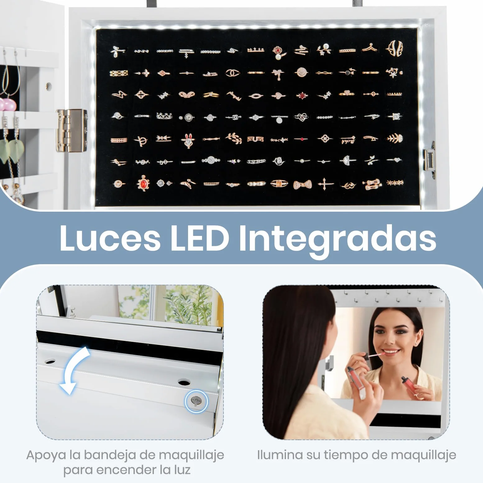 GOPLUS Espejo Joyero con LED, 120 x 37 x12 cm, Armario con Espejo de Pared y en Puerta, Organizador para Pendientes, Collares con Almacenaje, Decoracion Dormitorio Blanco