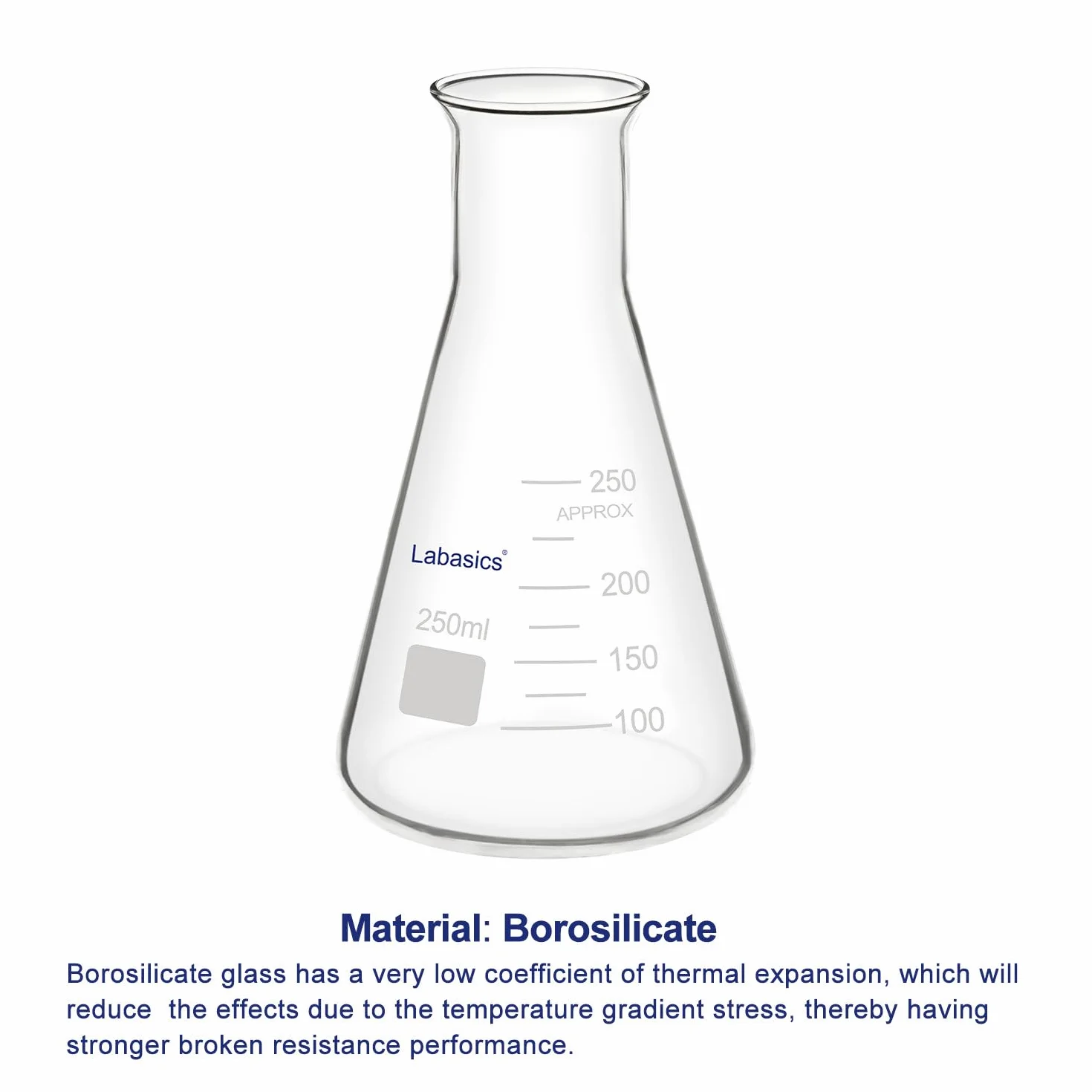 Labasics Vidrio Boca Ancha Erlenmeyer Matraz, Borosilicato, 250 ml