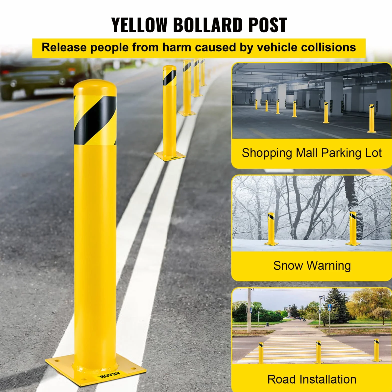 VEVOR Bolardo de Seguridad 122x14 cm 2 Piezas Tubo de Acero Recubrimiento de Polvo Amarillo Barrera de Seguridad