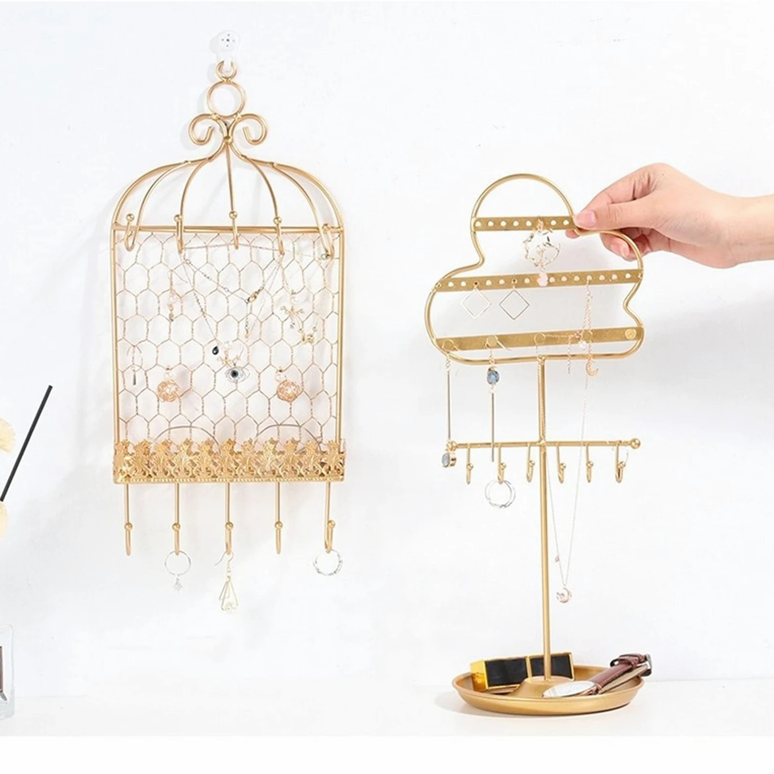 Organizador de joyas creativo para colgar en forma de torre, de hierro forjado dorado, de lujo, para habitación de niña, para escritorio, para colgar pendientes, soporte de exhibición, cajas de j