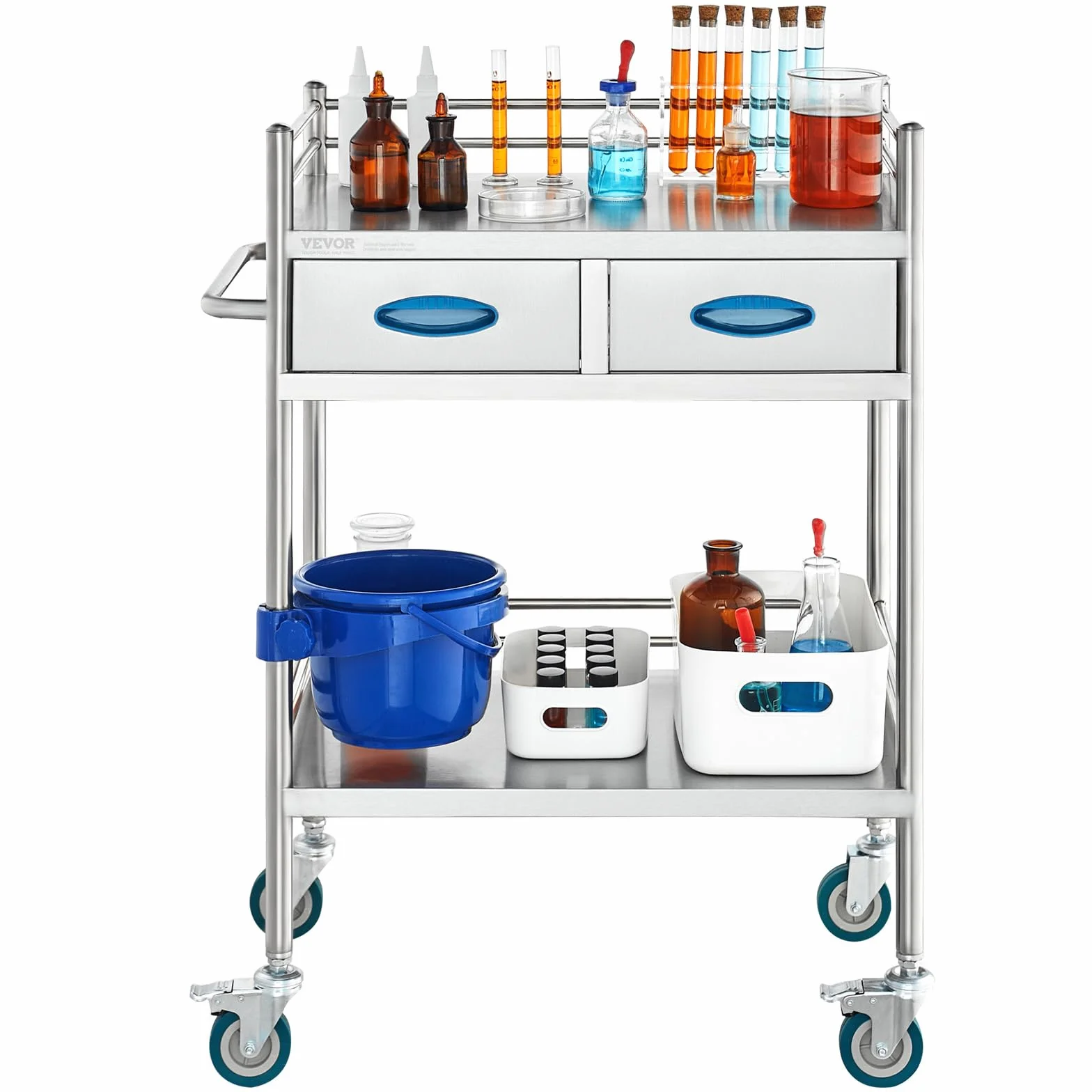 VEVOR Carrito de Médico 2 Capas 2 Cajones 59,9 x 42,9 x 85,1 cm Acero Inoxidable 4 Ruedas Omnidireccional