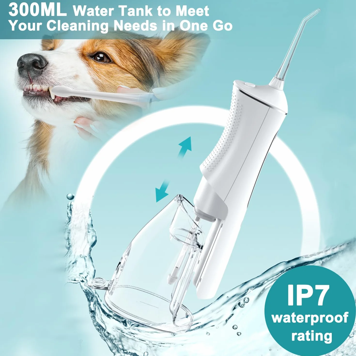 Irrigador Dental para Mascotas IPX7 300 ml 6 Boquillas 4 Modos Limpiador Eléctrico