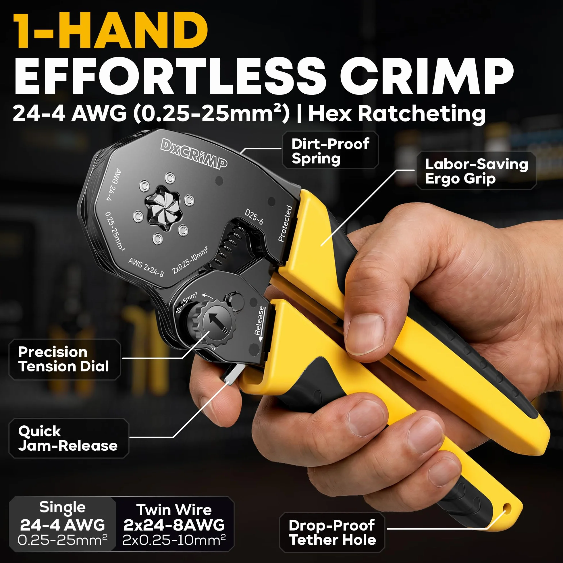 Kit de Crimpadora de Punteras Huecas 0,25-25 mm² (AWG 24-4) - Surtido 11 Tipos de Terminales - Alicates para Electricistas