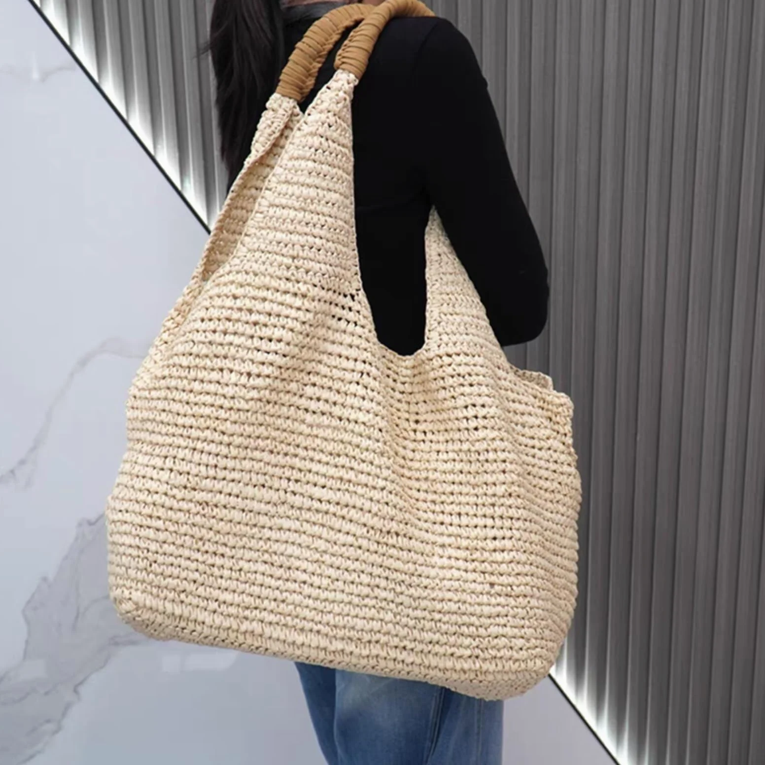 Bolso Hombro Paja Negro Mano De Ganchillo Gran Capacidad Verano Playa Vacaciones Comprador-Black