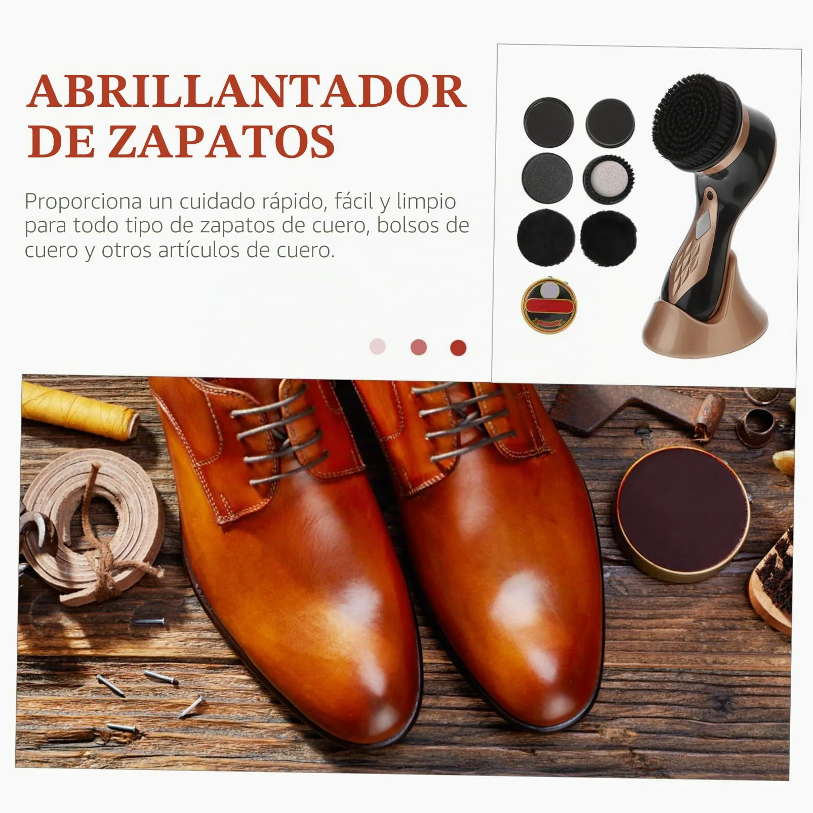VALICLUD Kit Portátil Eléctrico para Lustrar Zapatos de Cuero Cepillo Pulidor y 7 Accesorios, Cuidado Práctico y Limpio para Calzado y Bolsos Dorados