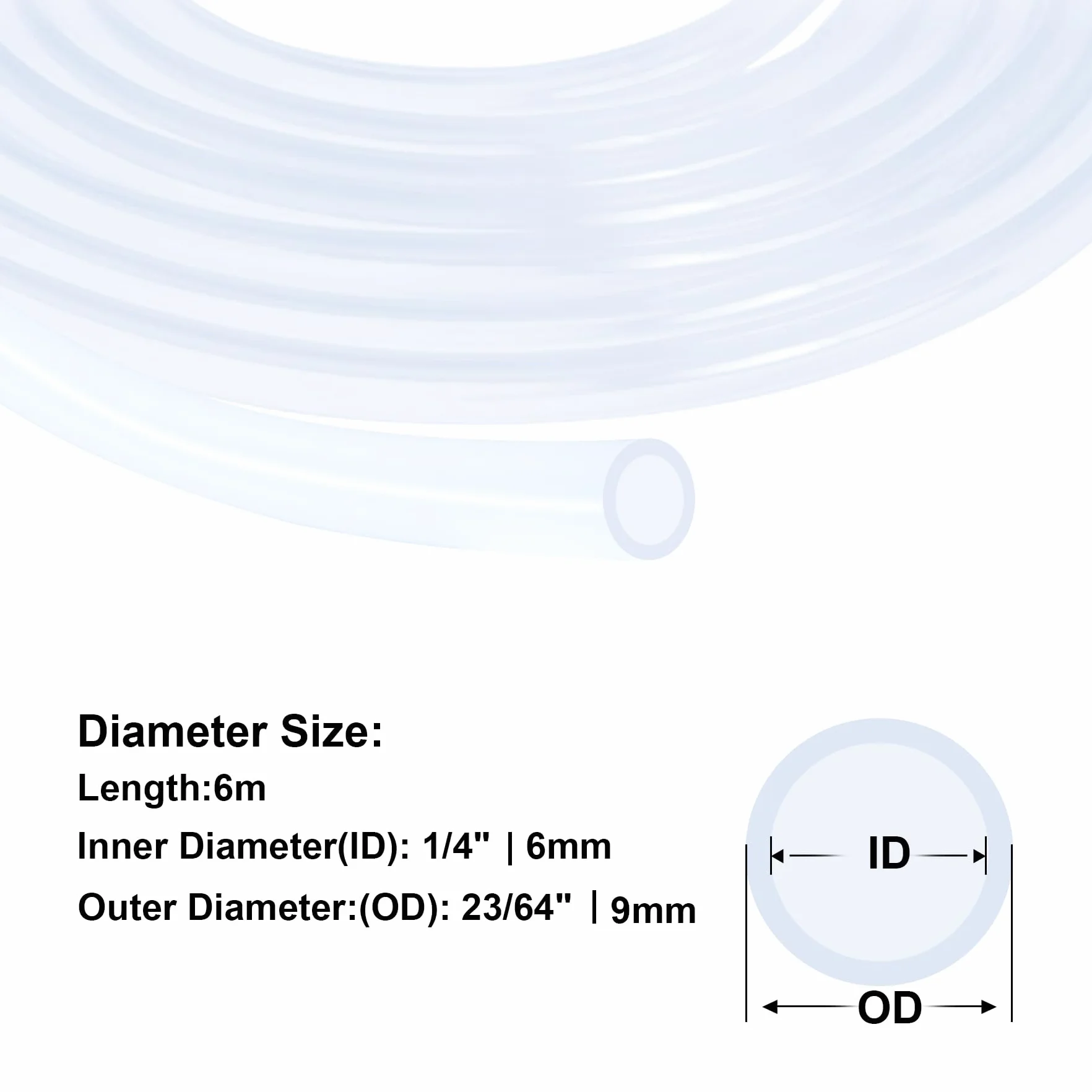 Tubo de silicona 6 mm diámetro interior x 9 mm exterior 6 metros, manguera flexible grado alimenticio transparente