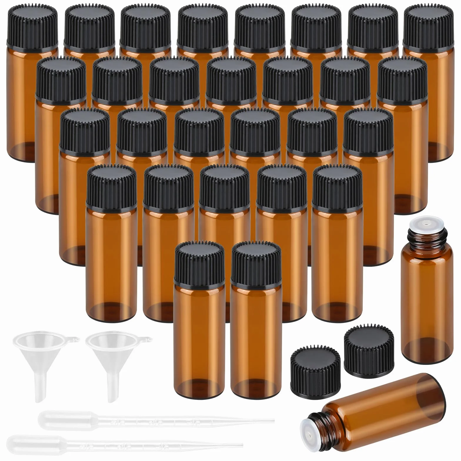 30 Pcs Mini Botellas Aceites Esenciales 5ml Vidrio Ámbar Rellenables con Gotero