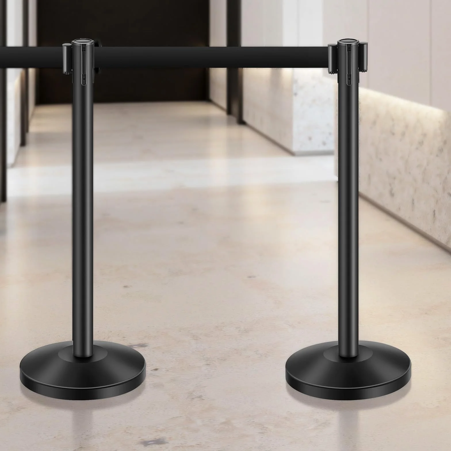 VEVOR 8 PCS Poste de Estaca de Acero al Carbono de 2 m con Base Hueca de Inyección de Arena, Cinturones Retráctiles Negros y 2 Soportes para Letreros, Negro