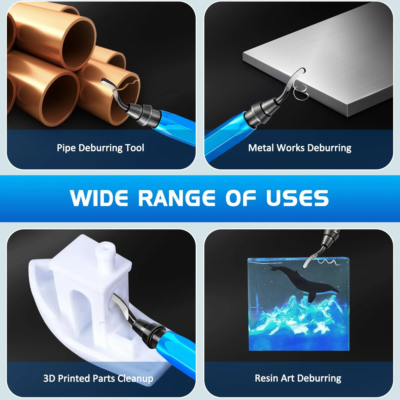 CGBOOM Herramienta de desbarbado universal mango metal 10 cuchillas repuesto 360° corte impresora 3D plástico aluminio acero inoxidable
