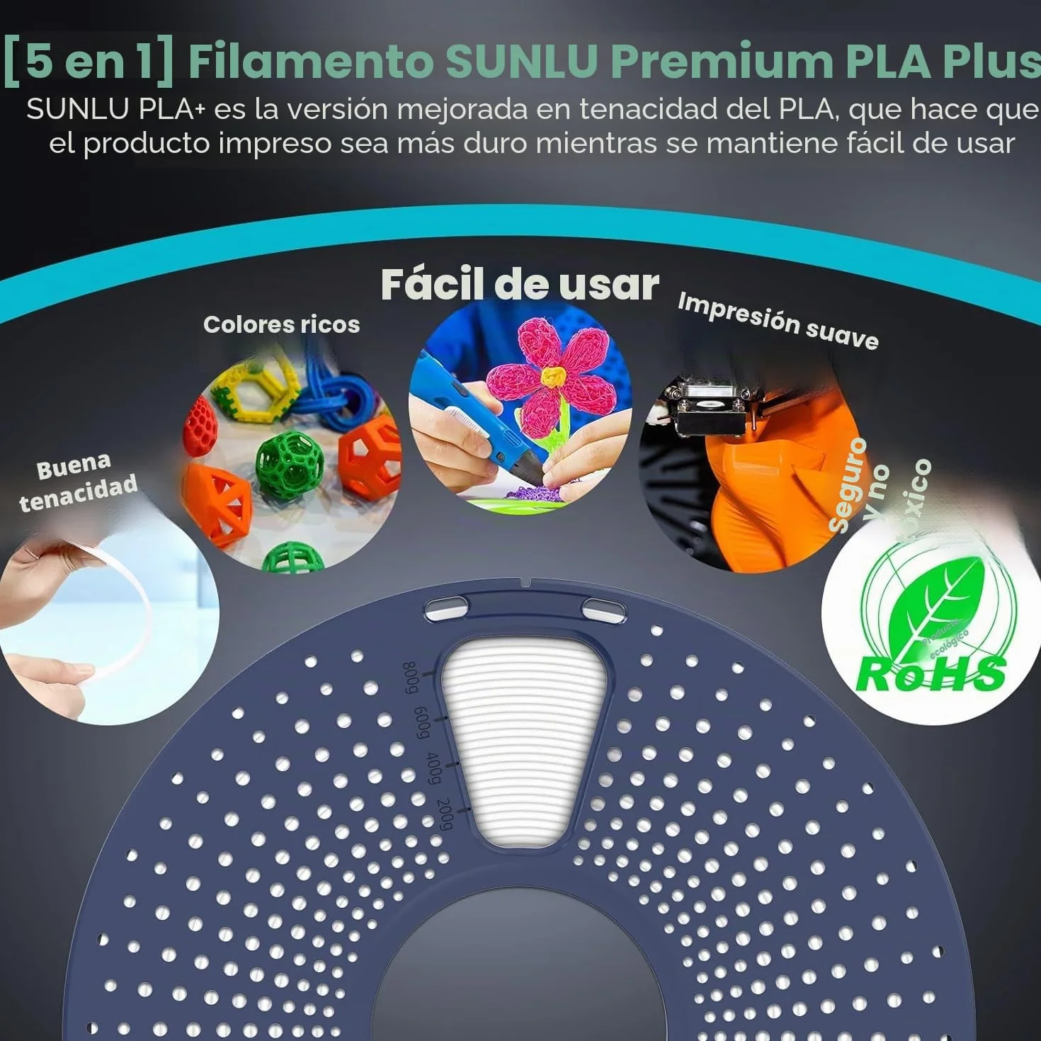 SUNLU Filamento PLA+ 1.75 mm 1KG Negro Precisión dimensional +/- 0.02mm
