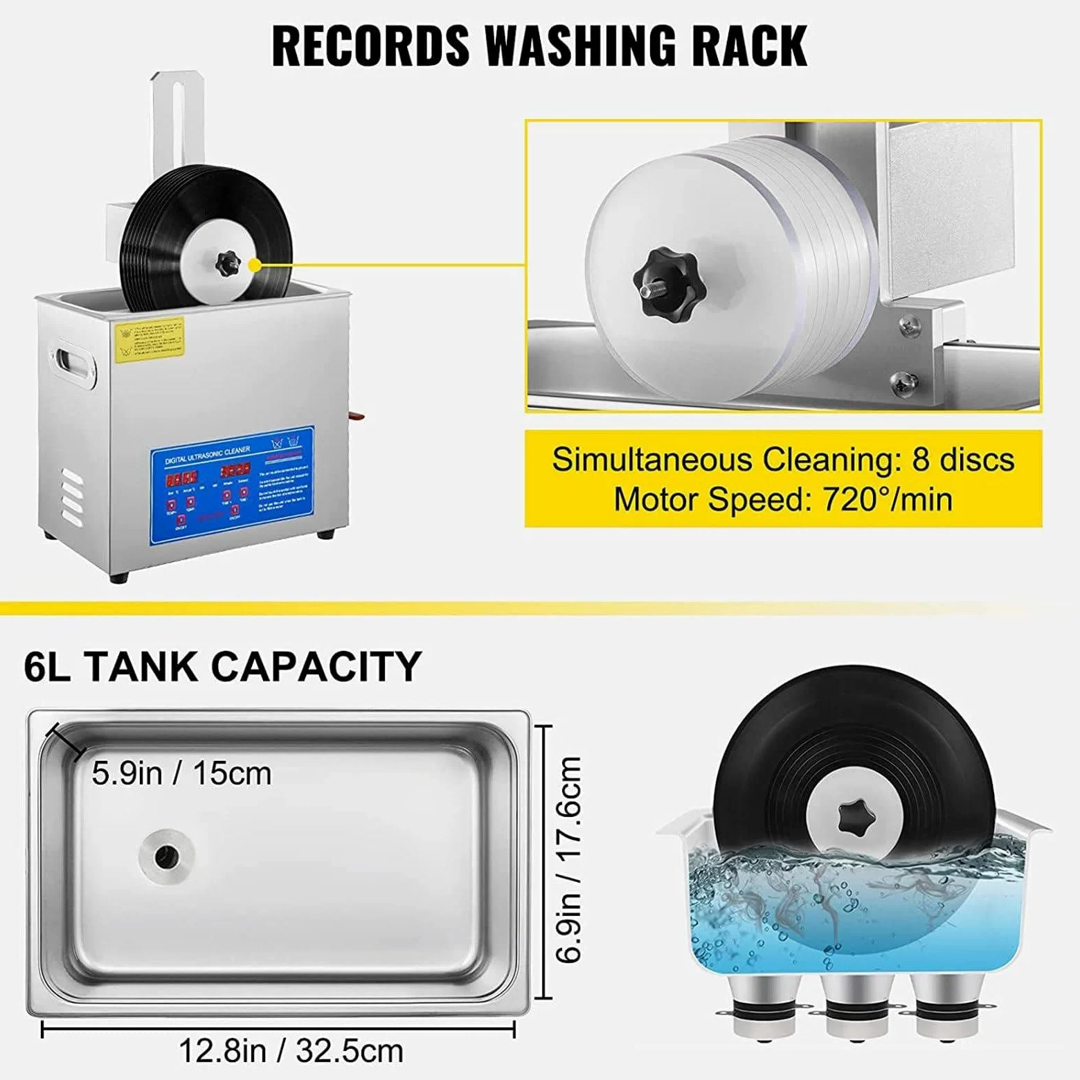 Limpiador ultrasónico Comercial, máquina de Limpieza de Discos de Vinilo de 6 litros para 1-6 Discos, Lavadora de Discos con Temporizador de 0 a 30 Minutos, Segura para vinilos de 7 a 12 pul