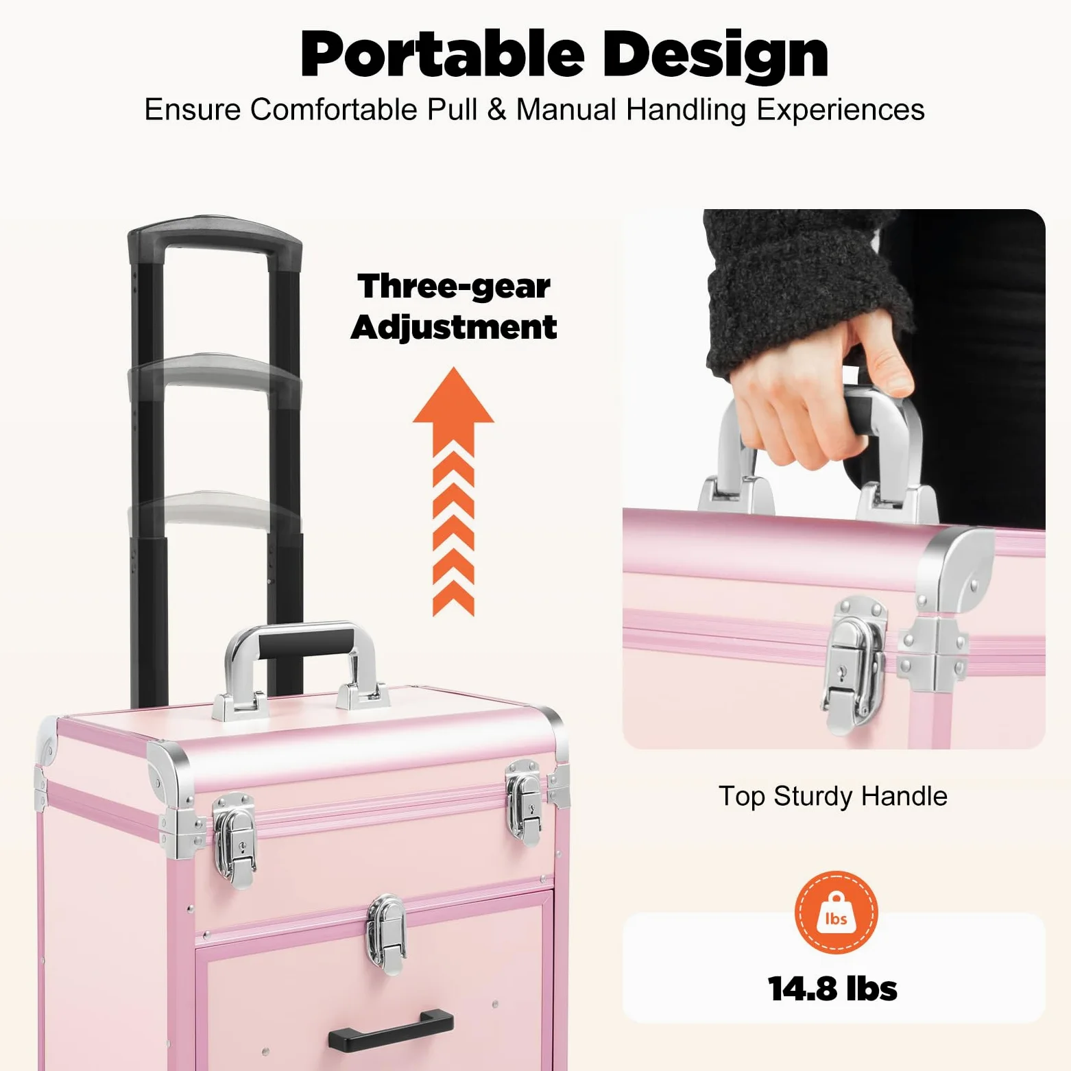 Maletín de maquillaje con ruedas con 50 compartimentos, maletín de maquillaje con 2 cajones y bolsa extraíble, de aluminio, con cerradura, capacidad de carga de 50 kg, color rosa