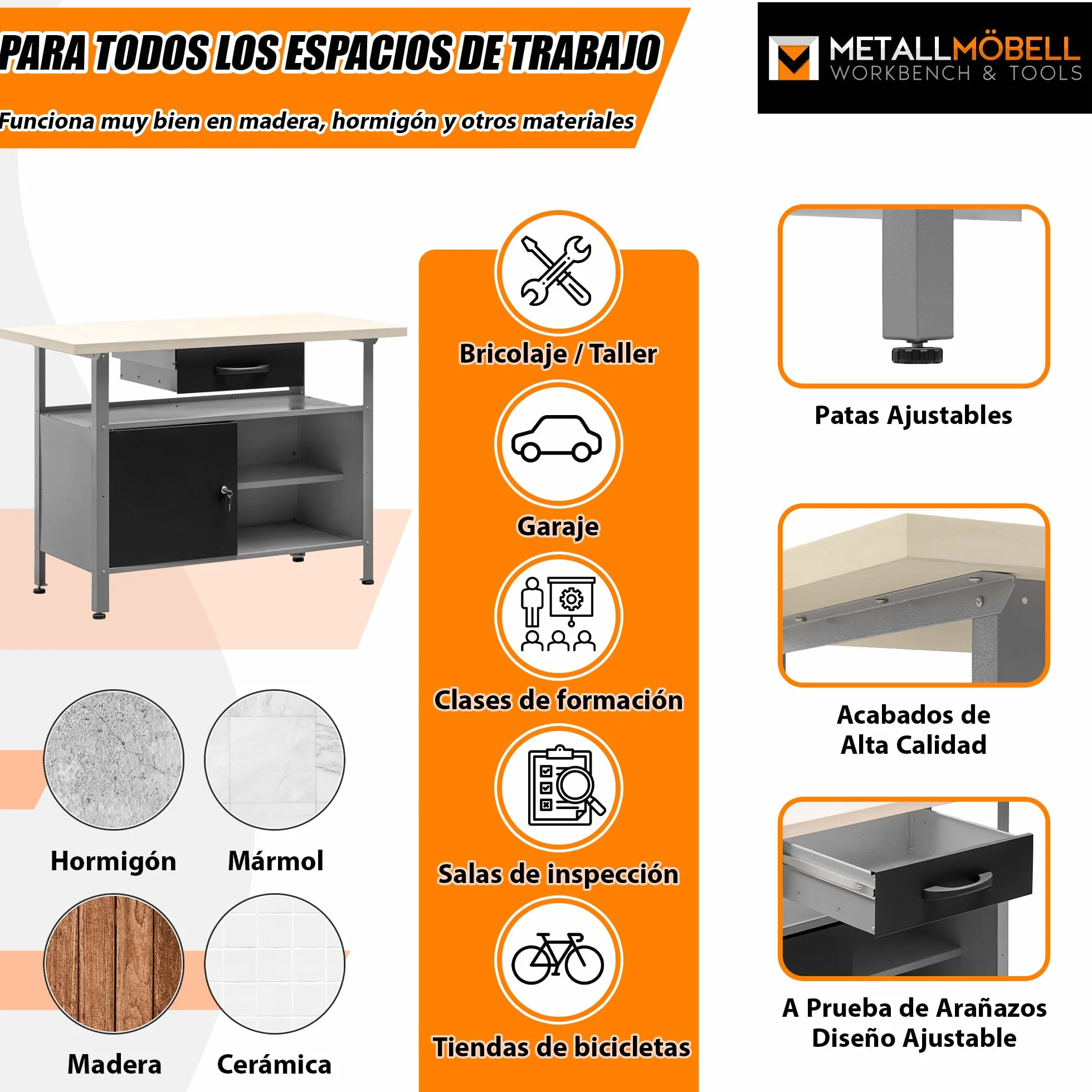 METALLMOBELL Banco de Trabajo Profesional 120x60x84cm Cajón Armario con Llave MB007