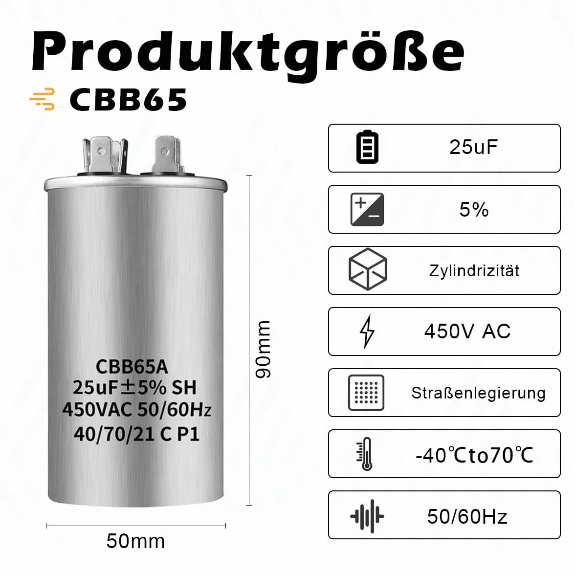 Condensador de arranque CBB65 450V AC 25uf 50/60Hz para aire acondicionado y compresor redondo