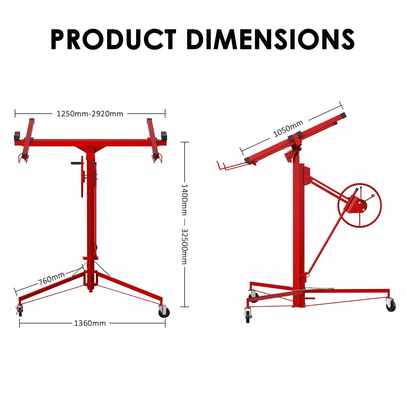 TEENO Elevador Placas de Yeso Profesional, Plataforma Elevadora Pladur, Altura 140-325 cm, Carga 68 kg, Rojo
