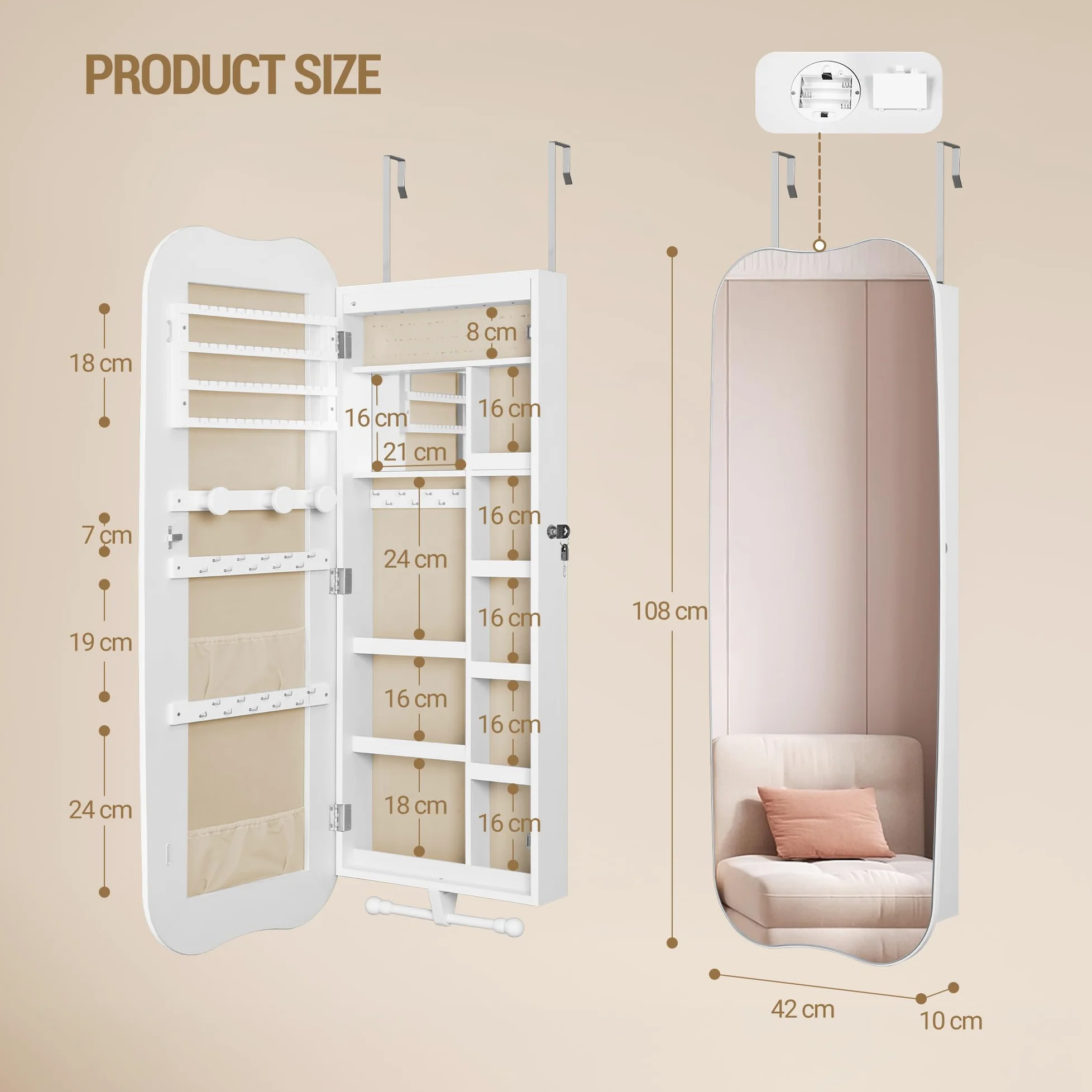 Hzuaneri Espejo Joyero de Pared Armario para Joyas e 6 LED, Blanco | Montar en Pared o Puerta, con Candado, Espejo Interior, para Pendiente Collar, para Dormitorios, Vestidores y Salón,JC36603BE