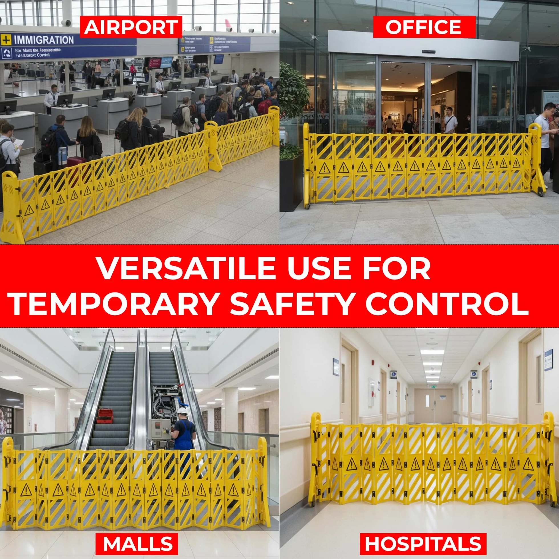 Barrera de plástico plegable expandible Amarillo | Barricada seguridad móvil retráctil | Control tráfico temporal peatonal