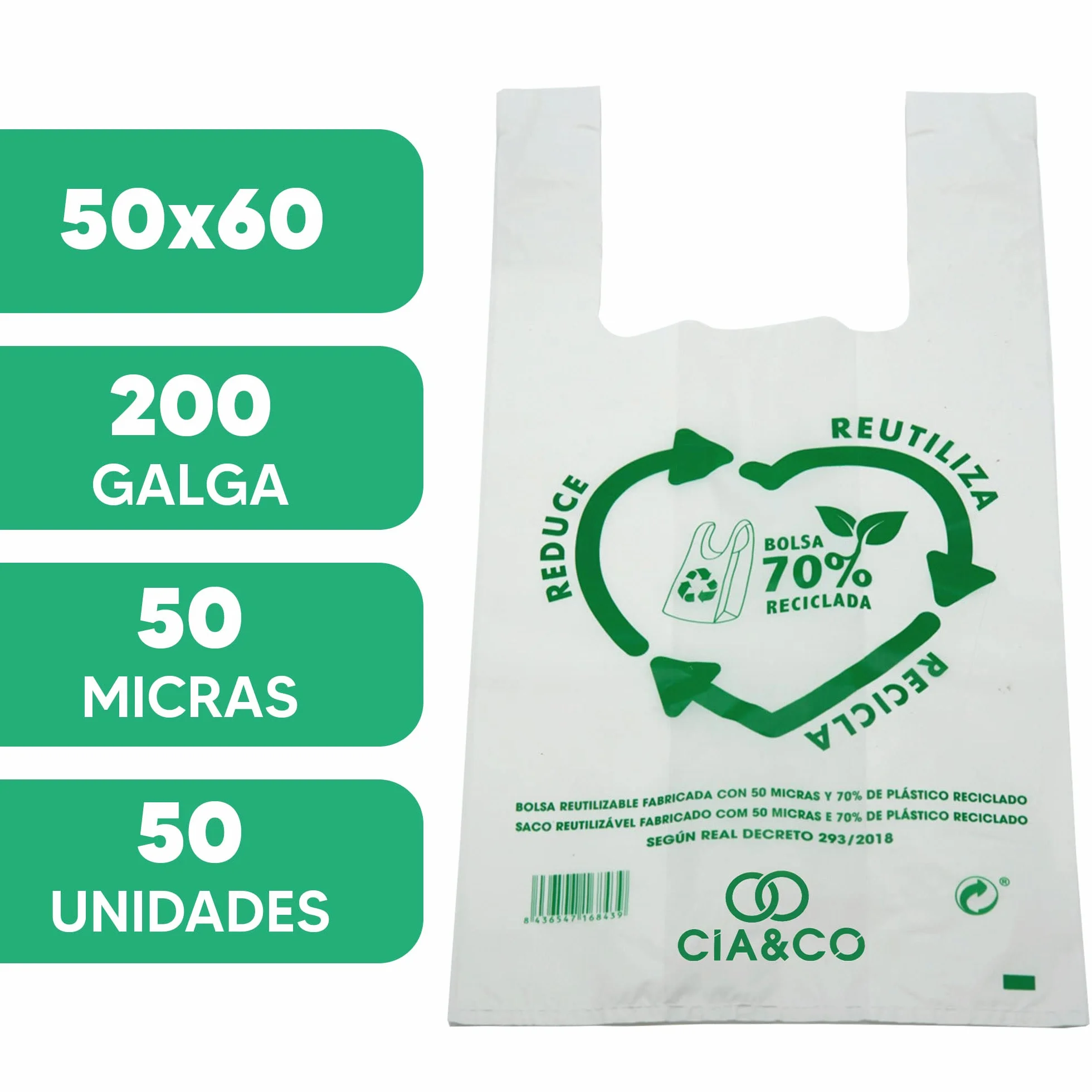 Bolsas de Plástico 70% Reciclado XXL 50x60 cm 50 Uds Aptas Uso Alimentario Galga 200 Tipo Camiseta