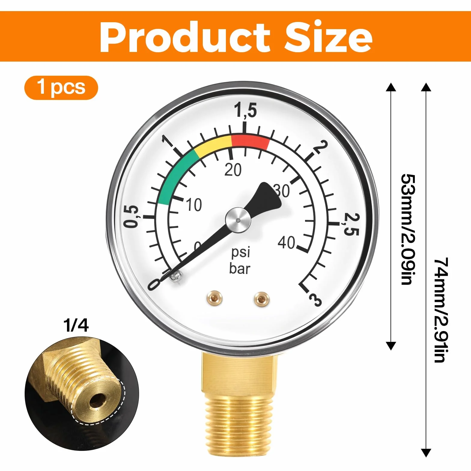 Manómetro de Presión de Agua 0-3BAR/PSI 1/4" BSPT Ø50mm para Filtro Bomba