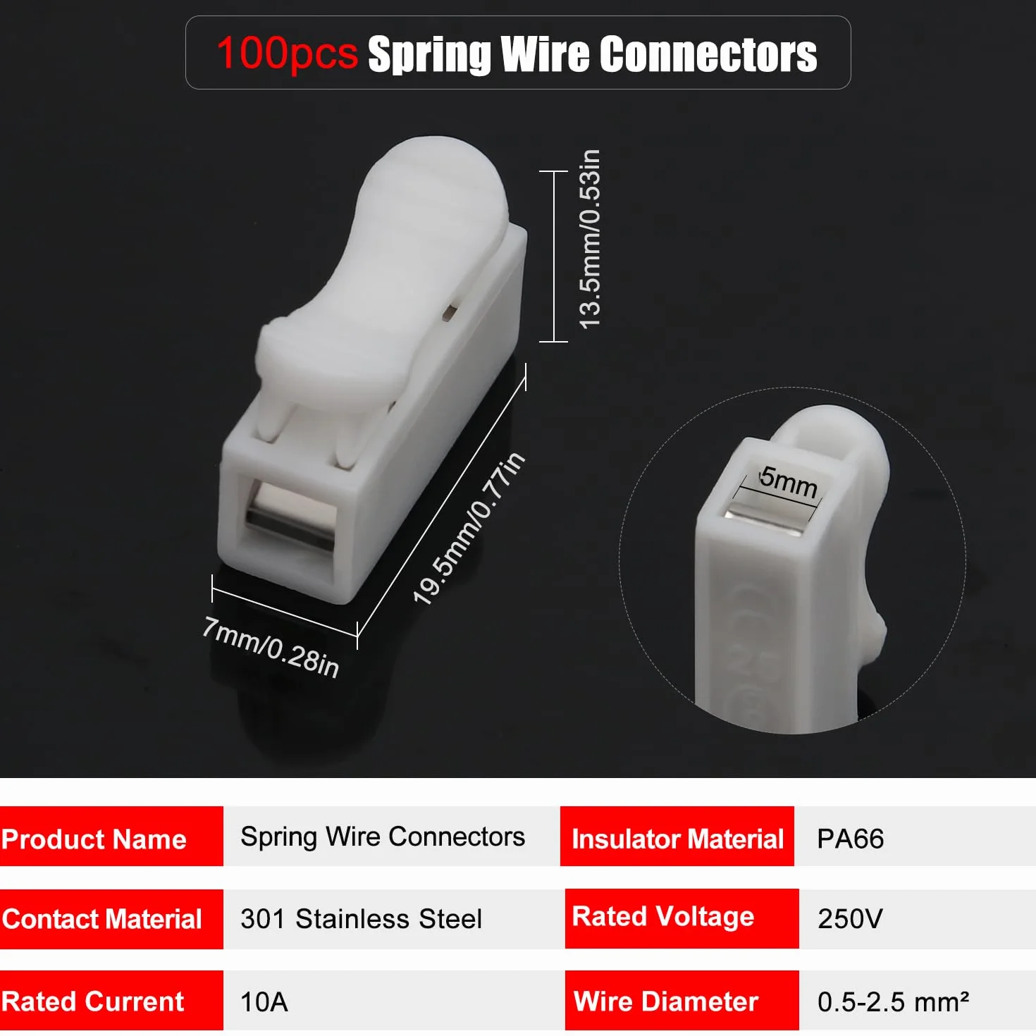 Conector Rápido de Resorte CH1 para Tiras de Luz LED, 100 Piezas