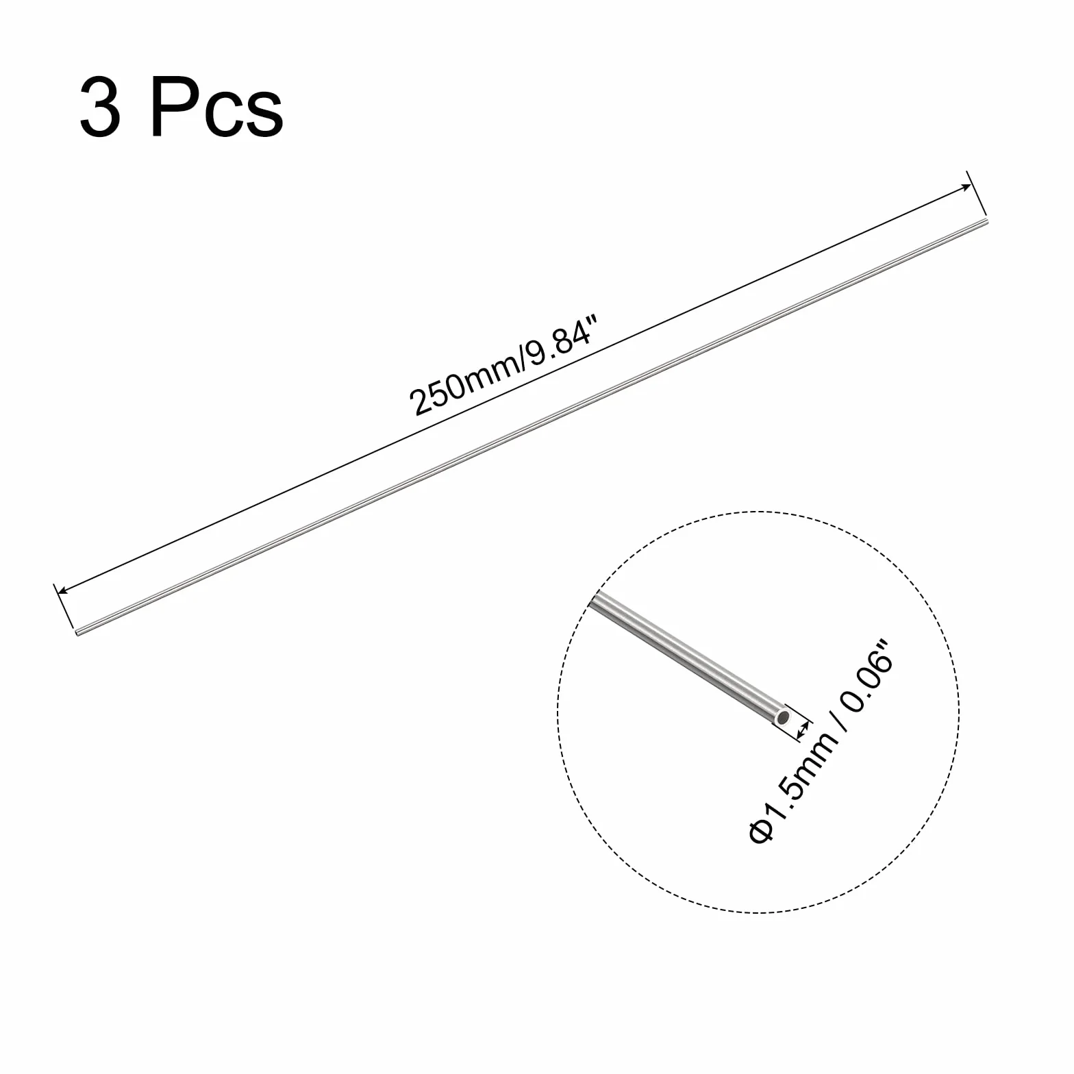 QUARKZMAN 304 Acero Inoxidable Tubo Capilar, OD 1,5mm x 0,2mm Pared 250mm Longitud, 3uds