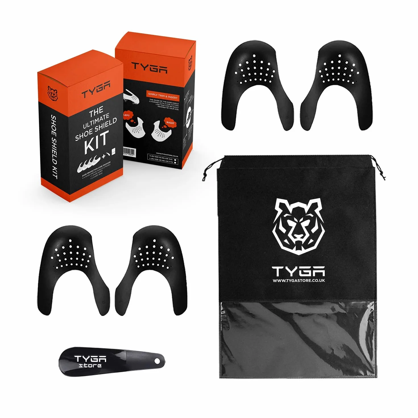 TYGA Store | Kit de protectores zapatos - de pliegue - zapatillas de deporte / crease protector de crep, antiarrugas - 35-46 | negro 2 pares + cuerno de zapato + bolsa de transporte + caja de regalo