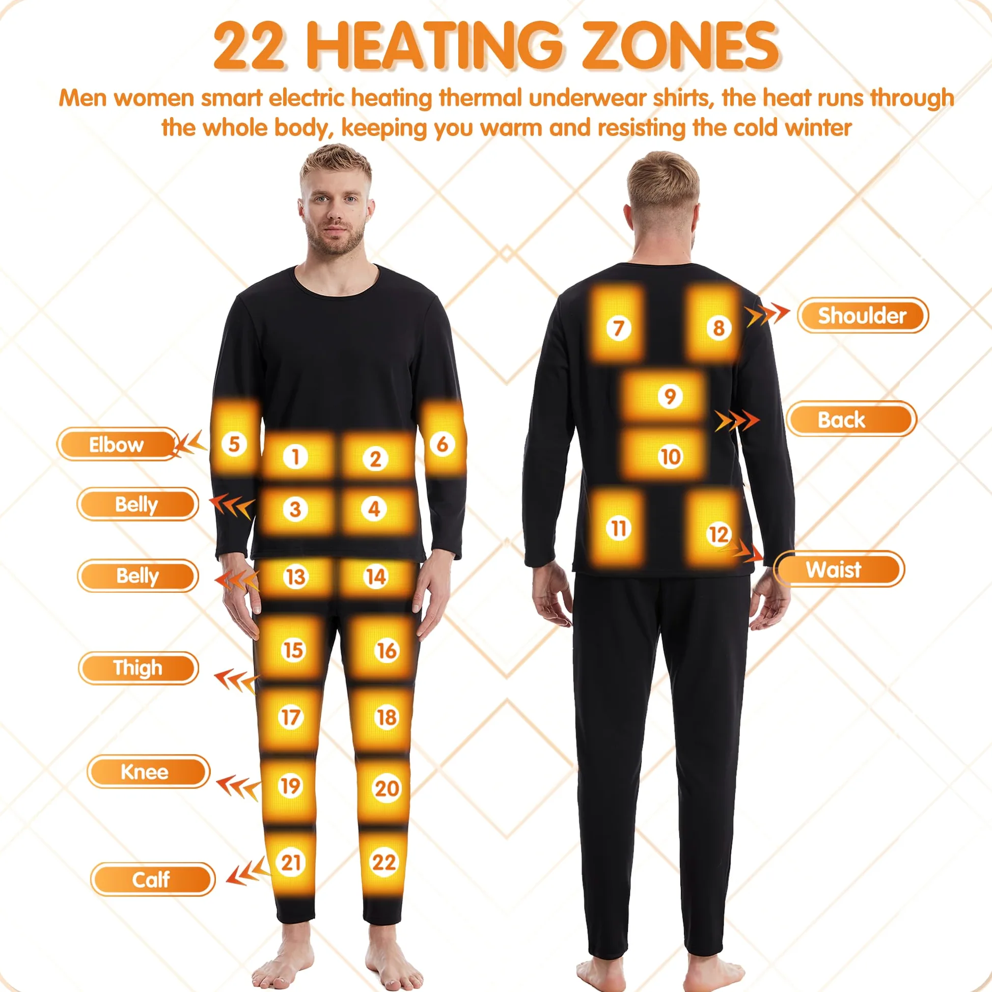 Hombres Calentado Ropa Interior Térmica Caza Caliente Larga Johns Conjunto con 22 Zonas De Calefacción Eléctrica Camisa Y Pantalones
