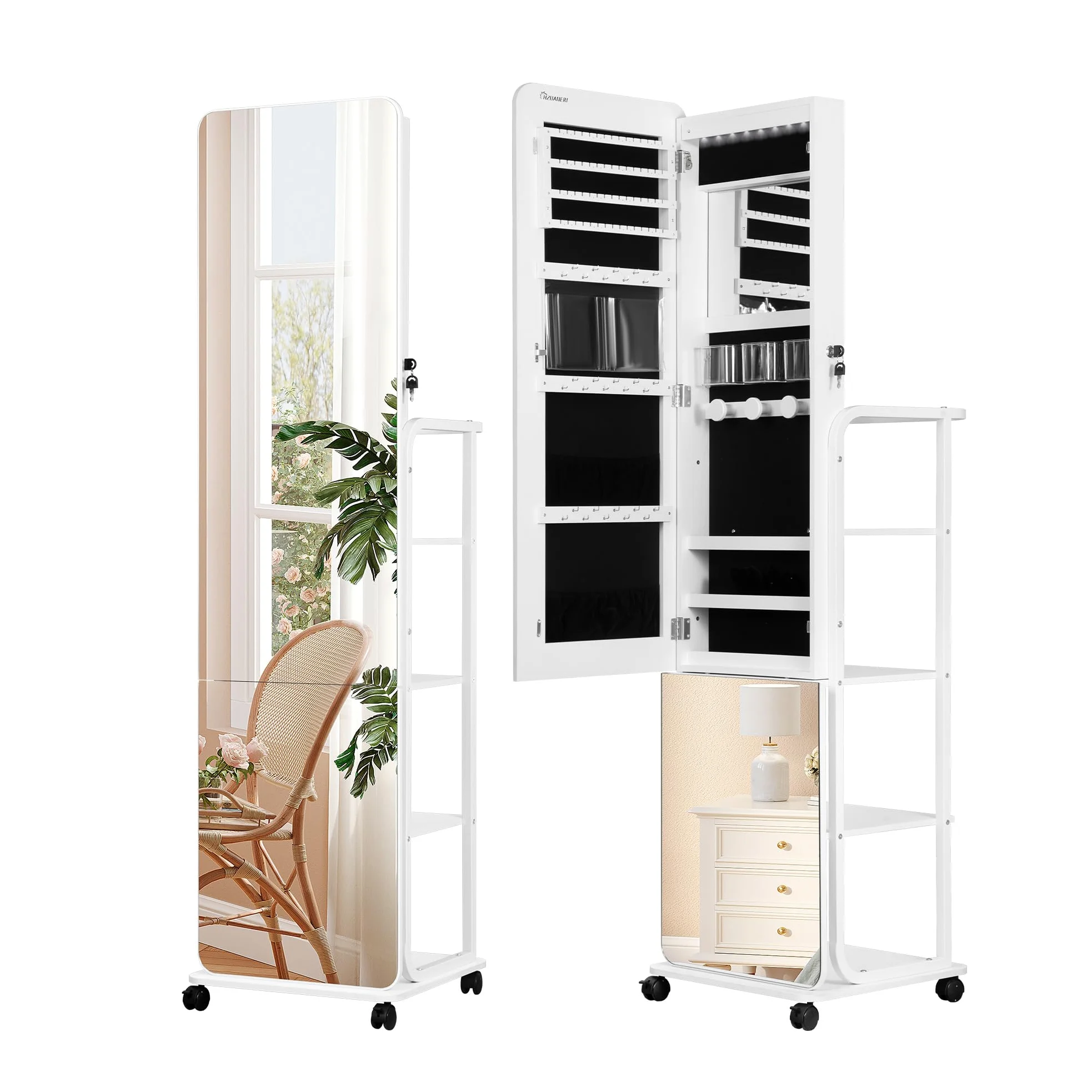 Hzuaneri 360 ° Joyería Armoire, más amplio y más alto sin marco Espejo de cuerpo entero, con llave de pie organizador de joyas, Blanco JC16903B