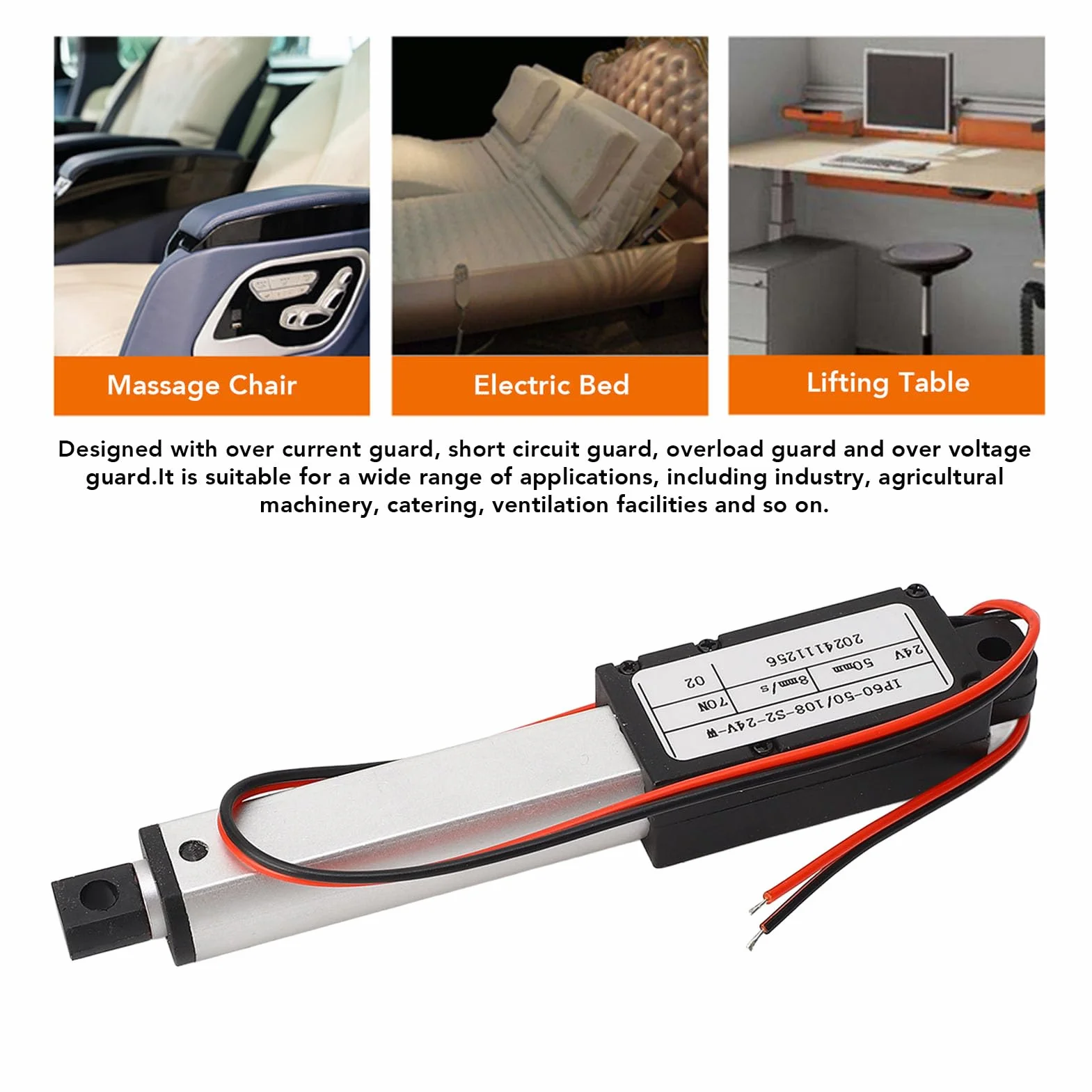 Mini Actuador Lineal Eléctrico 24 V CC 50 mm 70 N Empuje para Abridores de Ventanas