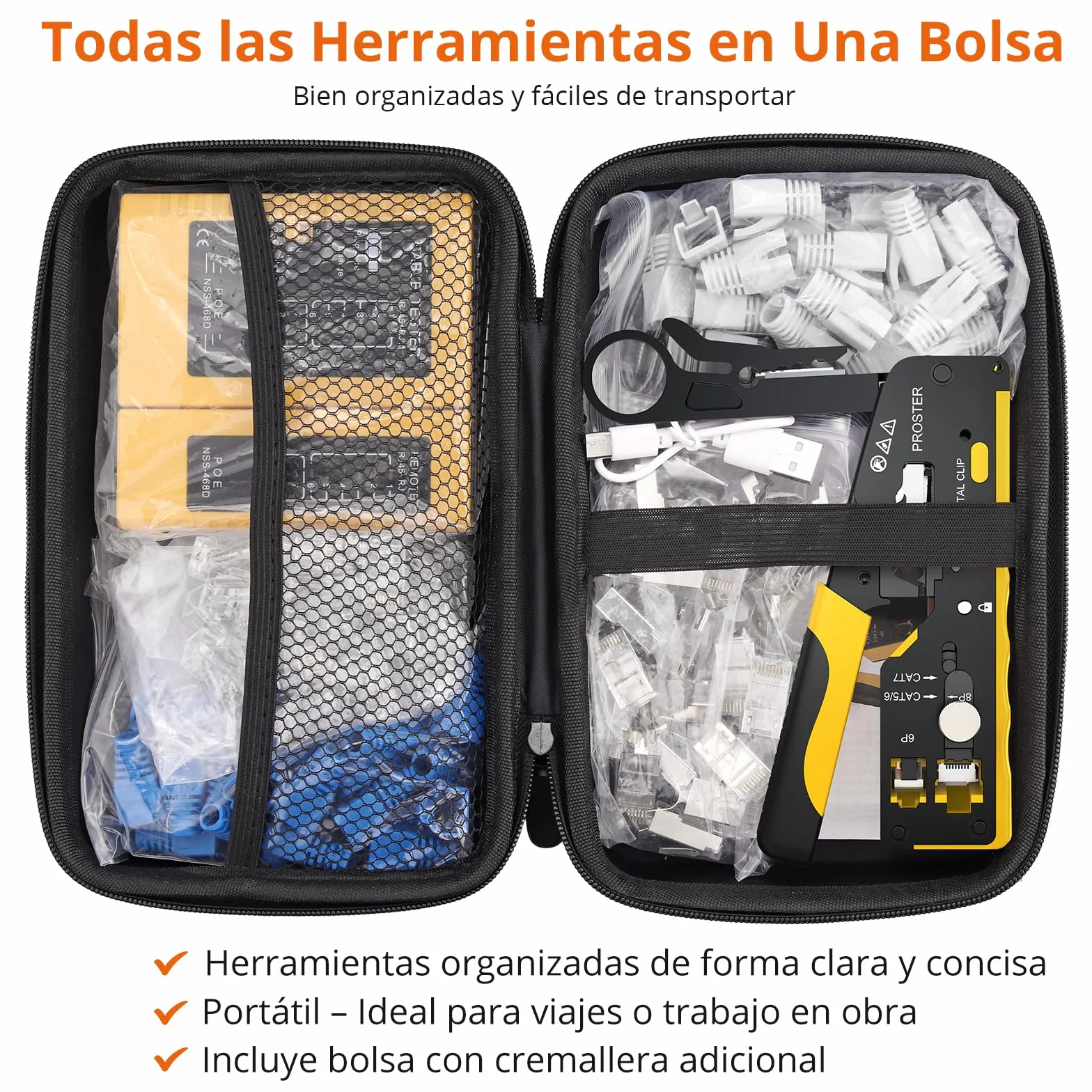 Proster Juego de Crimpadora CAT7 Profesional con Conectores Blindados y Probador Recargable