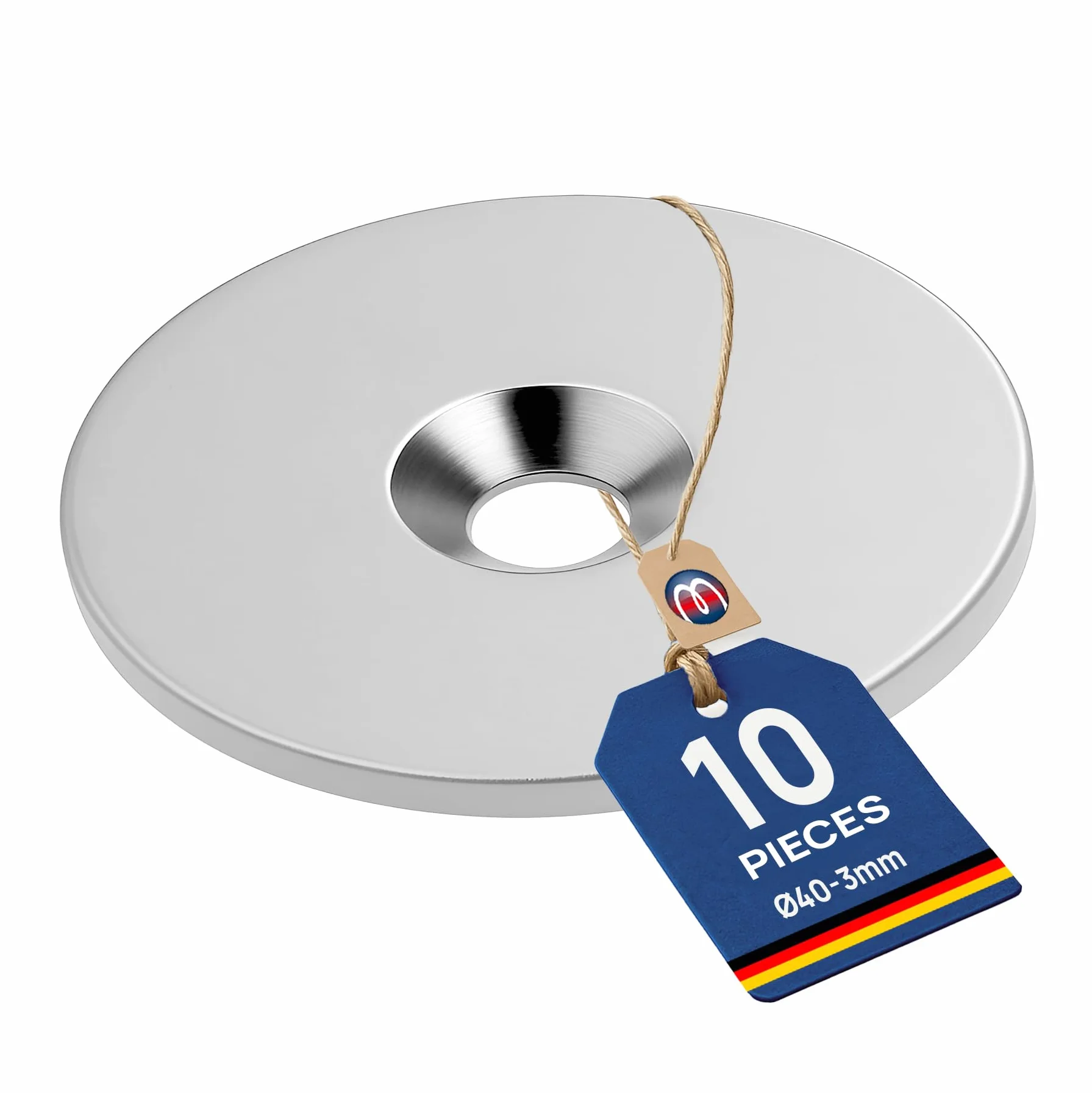 Disco metálico Ø 40 mm x 3 mm con taladro avellanado - Contrapieza para imanes, 10 piezas