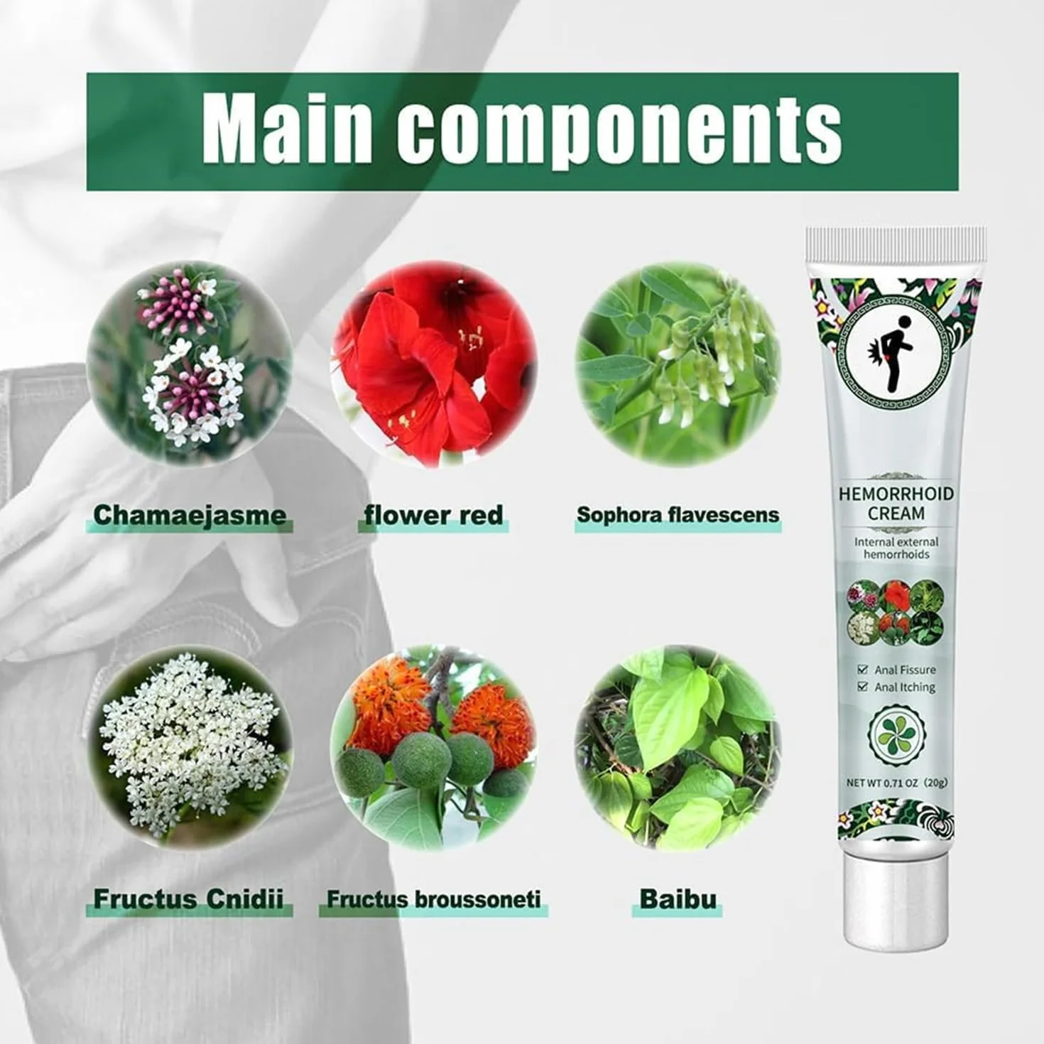Crema Herbal para Hemorroides, Alivio Rápido de Picazón y Ardor Externos