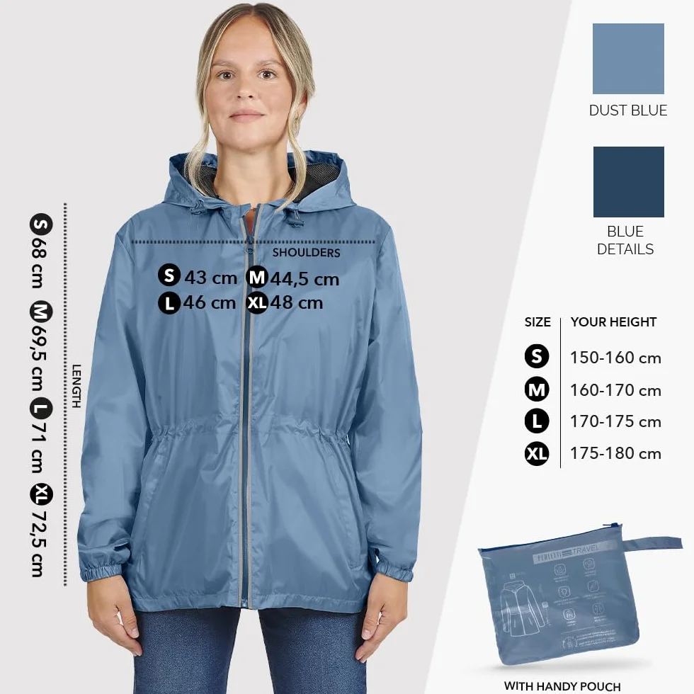 PERLETTI Chubasquero Mujer Cortaviento Ligero con Cremallera - Impermeable Mujer con Capucha Detalles Reflectantes - Chaqueta Trench Deporte Transpirable Waterproof Reutilizable Mujeres
