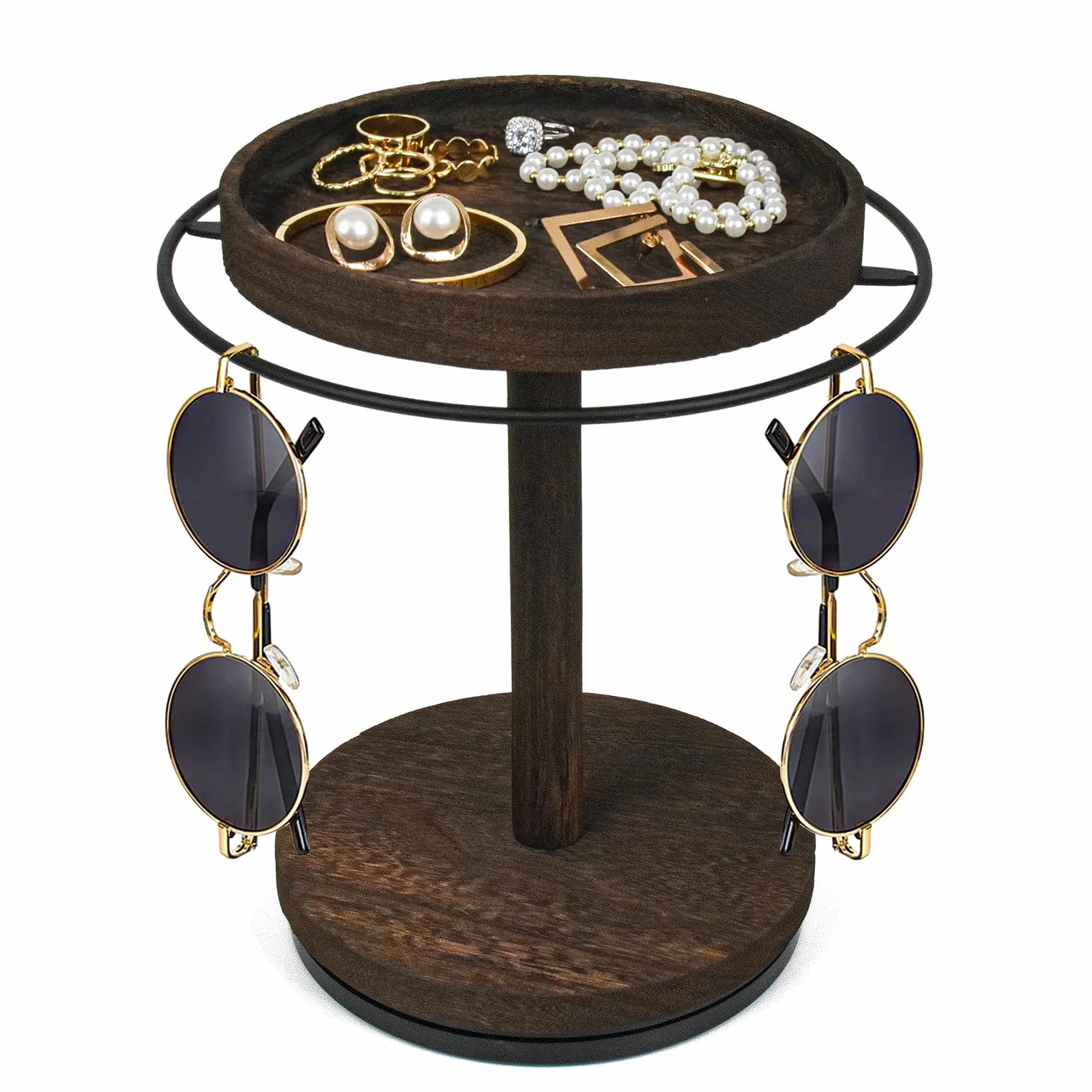 Organizador giratorio 360° para gafas de sol con bandeja de madera y base de vidrio, expositor de almacenamiento múltiple para mesa
