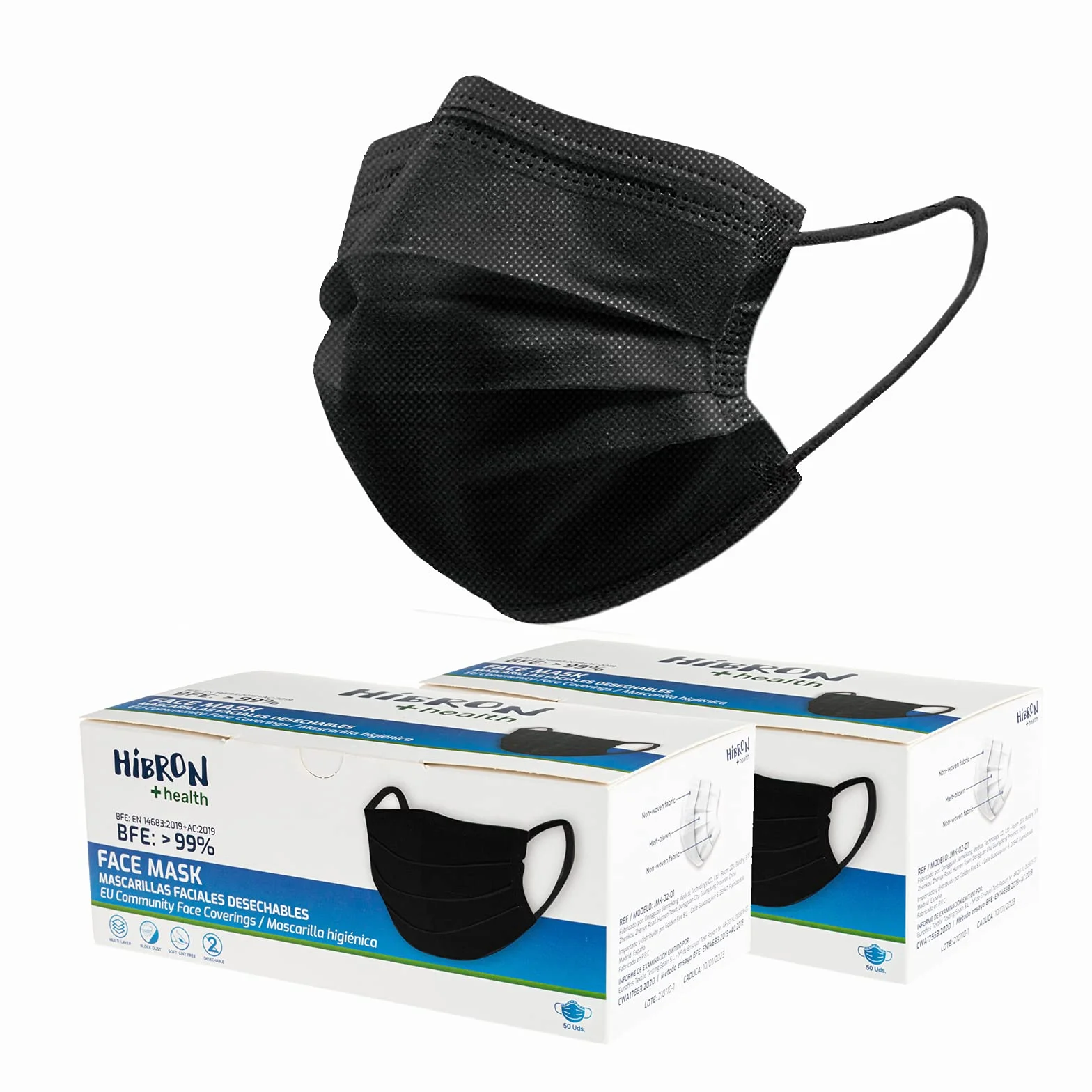 HIBRON 100 Mascarillas Negras Higiénicas Desechables CWA 17553 BFE 99%