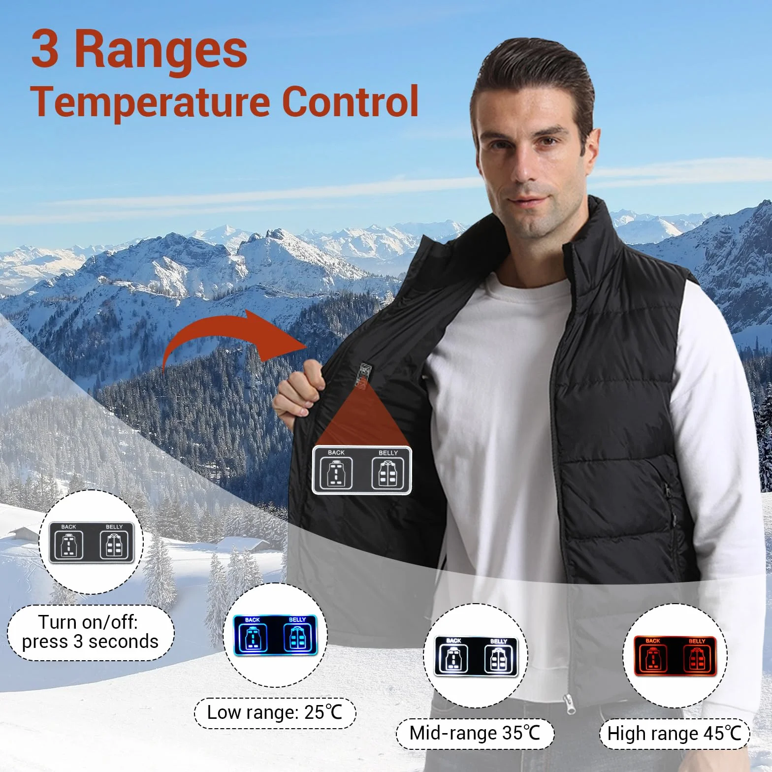 Chaleco Calefactable, Temperatura de 3 Niveles con 15 Zonas de Calefacción, Chaleco Calefactable de Plumón, Carga USB, Chaqueta Térmica Lavable para Uso Exterior (Batería Excluida)