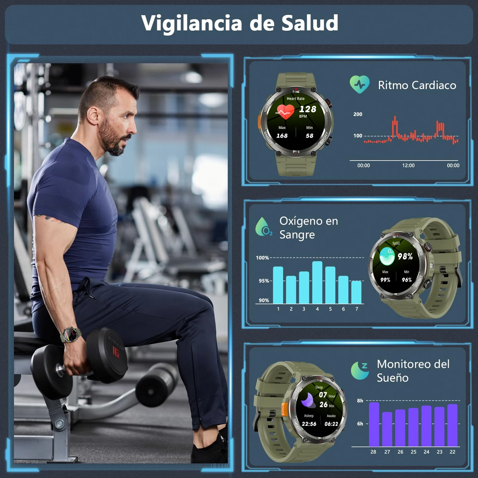Reloj Inteligente Hombre, Smartwatch Hombre con Linterna y Brújula, 1.45" Smartwatch con Llamadas Bluetooth Monitor Sueño, 2 Correas,Pulsera Actividad Impermeable IP68