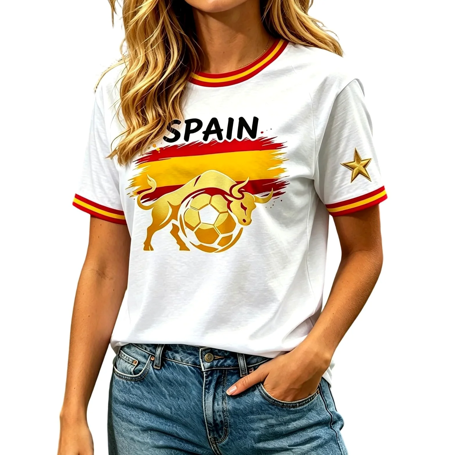 Camiseta EspañA Futbol Mujer,Camiseta Mujer Cuello Redondo Deporte Manga Corta Camiseta úTbol con Estampado GeoméTrico De Toro Suave Y Transpirable T-Shirt para Juegos Y Regalos