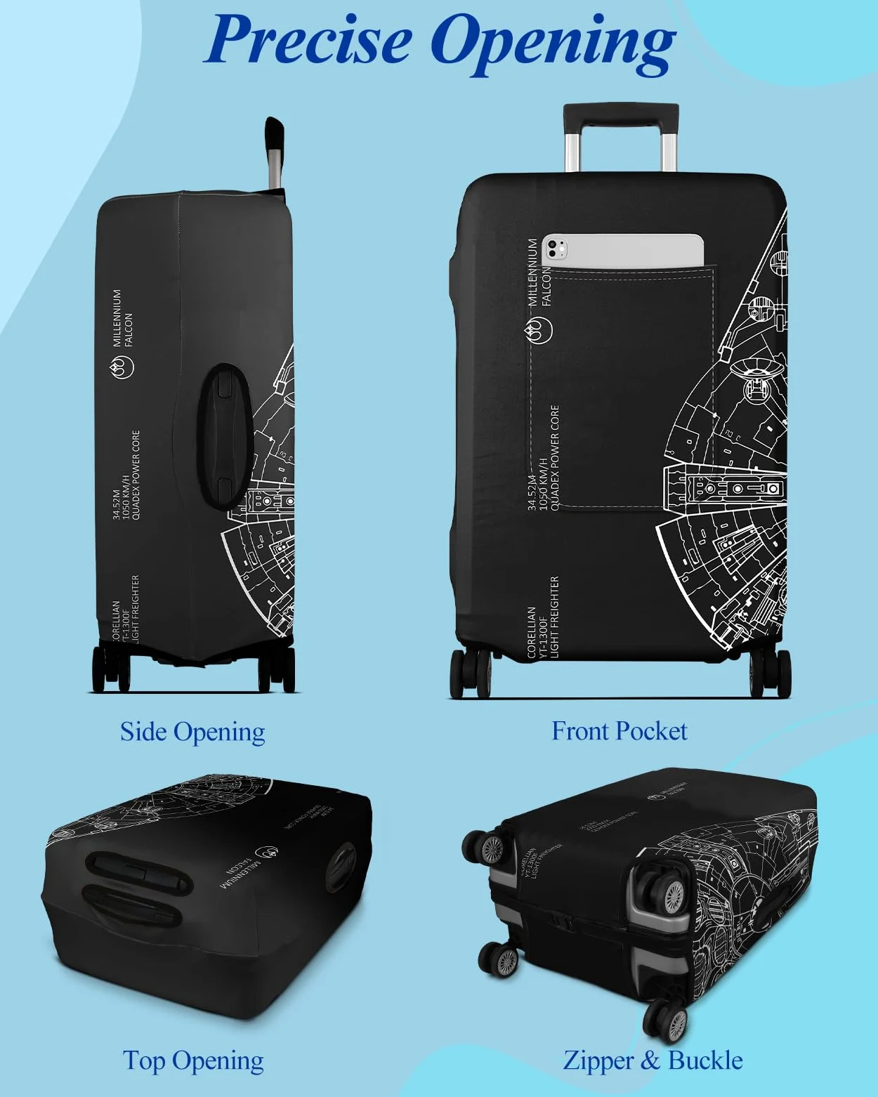 Slohif Funda de equipaje para maleta, aprobada por la TSA, funda de equipaje grande, funda elástica de viaje, funda protectora lavable de 22 a 32 pulgadas, Halcón Milenio, 74 cm/ 76 cm