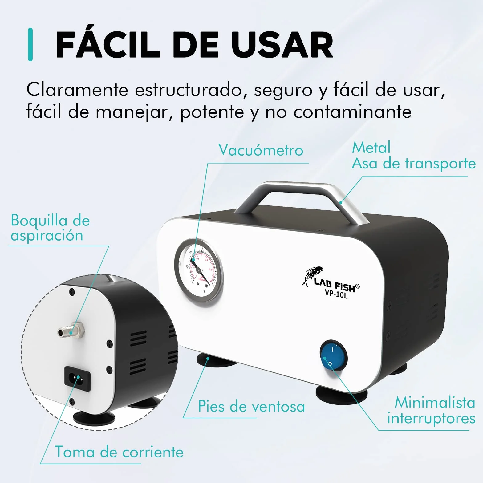 LAB FISH VP-10L Bomba de Vacío Portátil sin Aceite, 10L/min 0,075Mpa Laboratorio