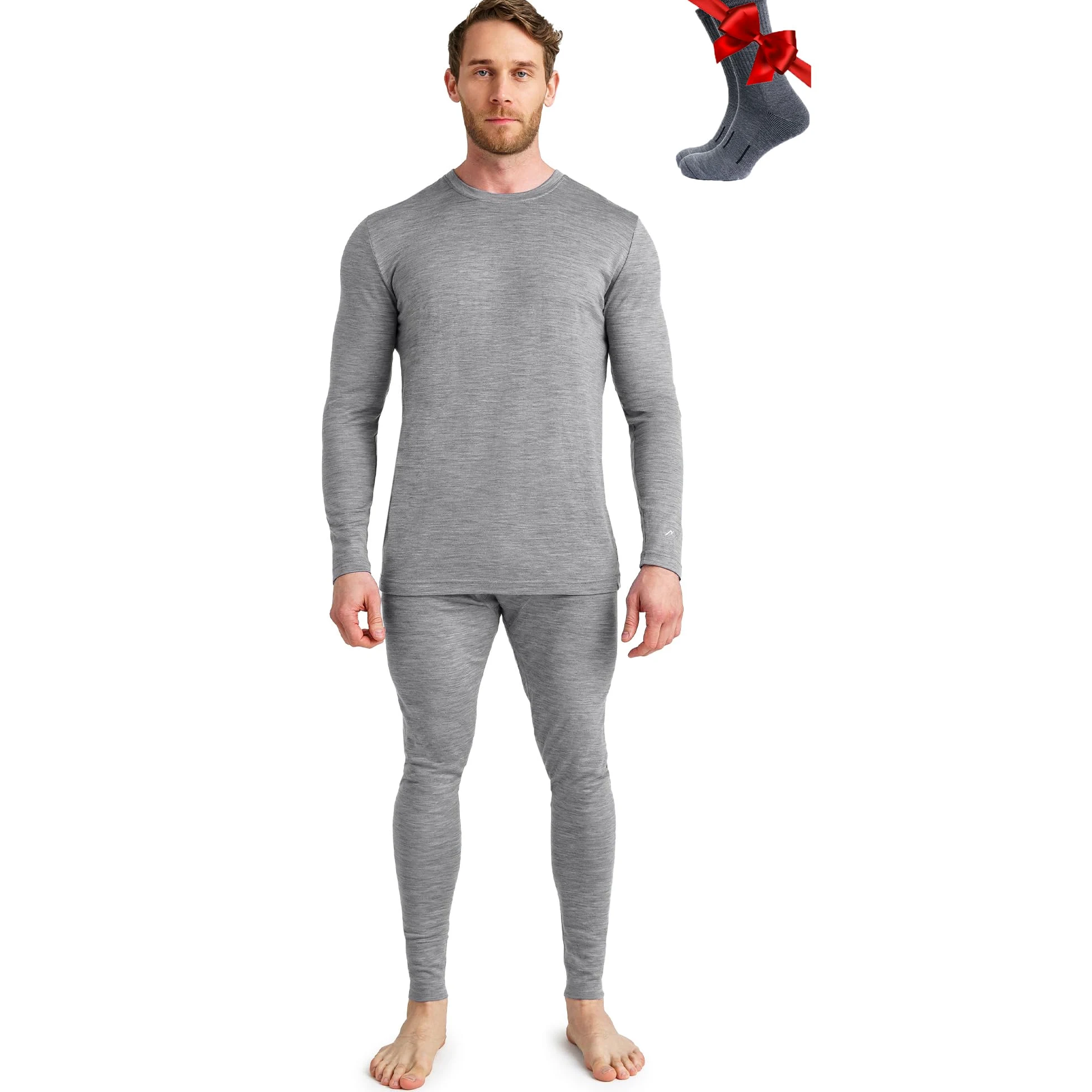 Merino.tech Conjunto Lana Merino Hombre - 100% Lana Merino con Calcetines (Medium, Lite 165 Heathered Grey)