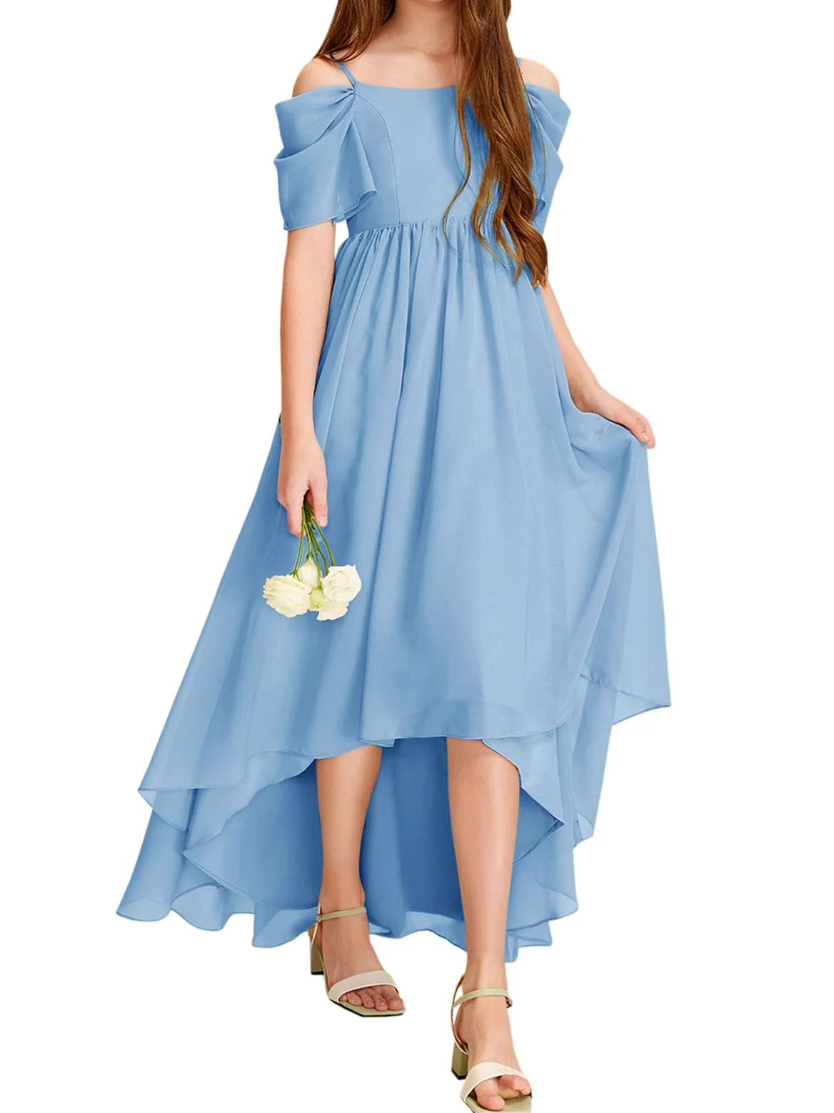 Haloumoning Vestido de niña con hombros descubiertos con volantes, vestido de verano para niños, línea A, monocolor, elegante, vestido de fiesta, boda, cumpleaños, festivo