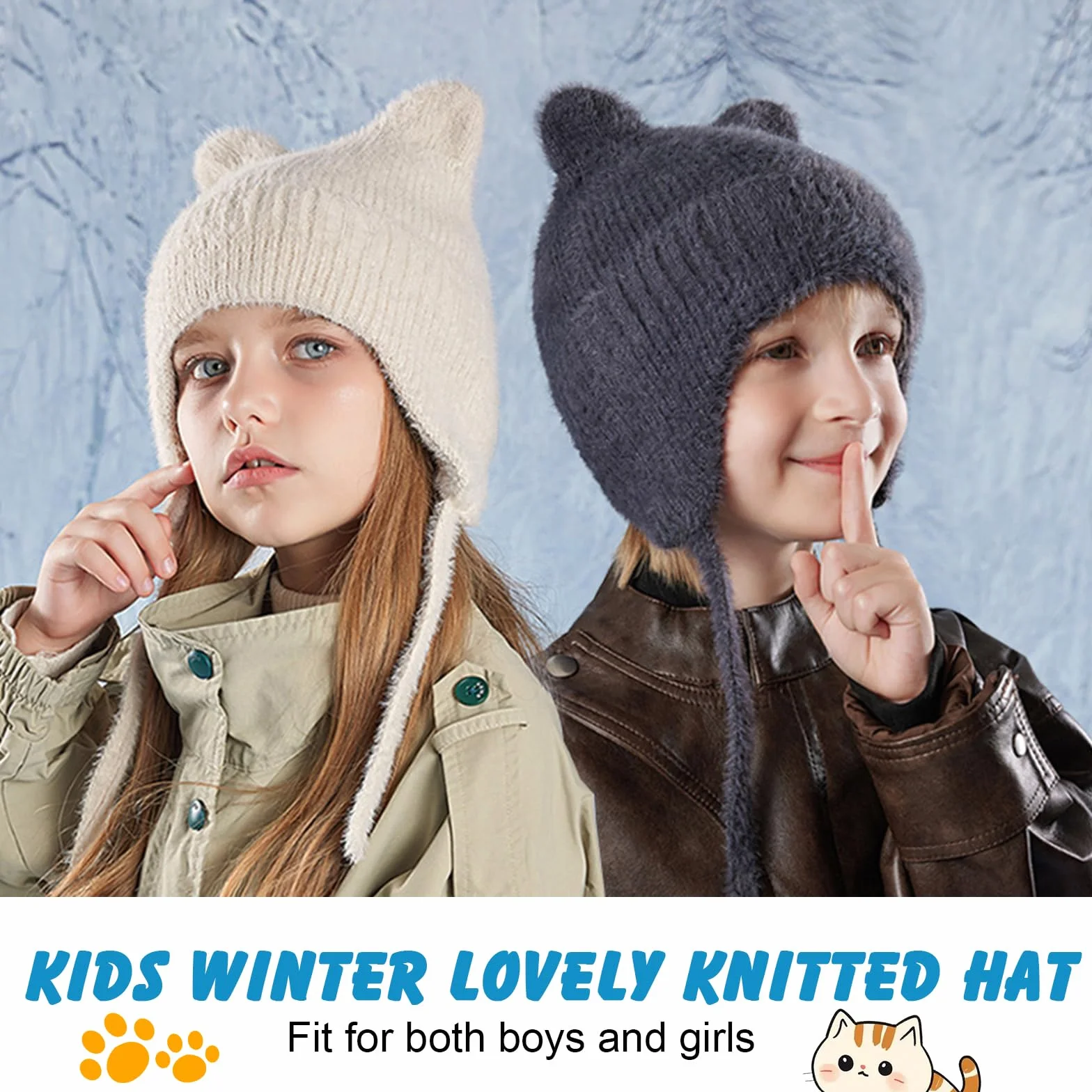Lindo Orejas de Gato Gorros de Punto para 3-12 Años Niño Niñas, Las Orejas Térmicos Sombrero de Invierno Suave Amigable Cálido A Prueba de Viento Beanie Gorras para Actividades al Aire Libre