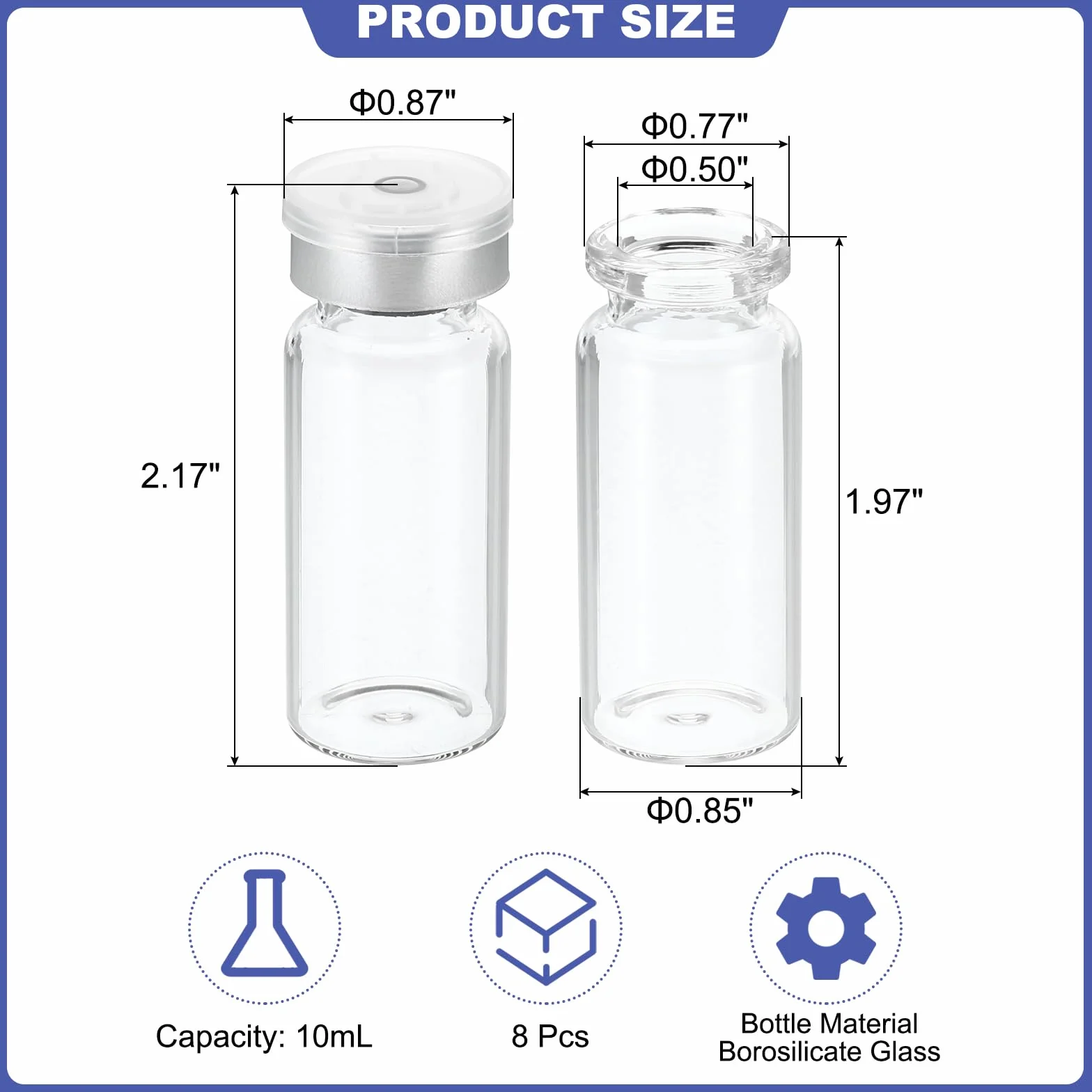 PATIKIL 10ml Muestra Viales, 8 Paquete Laboratorio Vacíos Viales con Butilo Goma Tapón y Engarzado Superior Tapas Borosilicato Vidrio Vial, Transparente